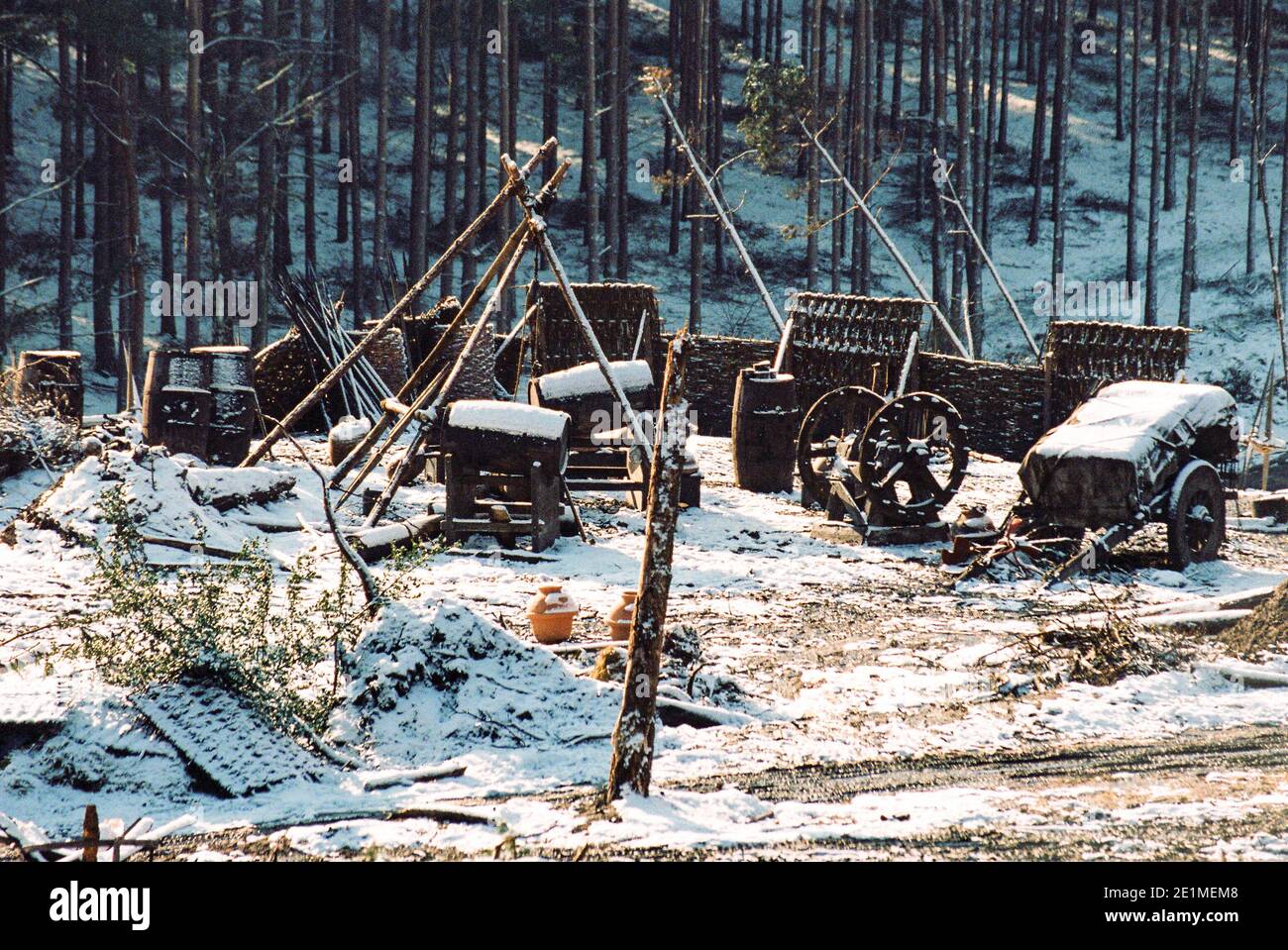 Der Gladiator Film Set 1999 für die Eröffnungsschlacht, in 'Germania', Bourne Woods, Farnham, Surrey, England, Großbritannien Stockfoto