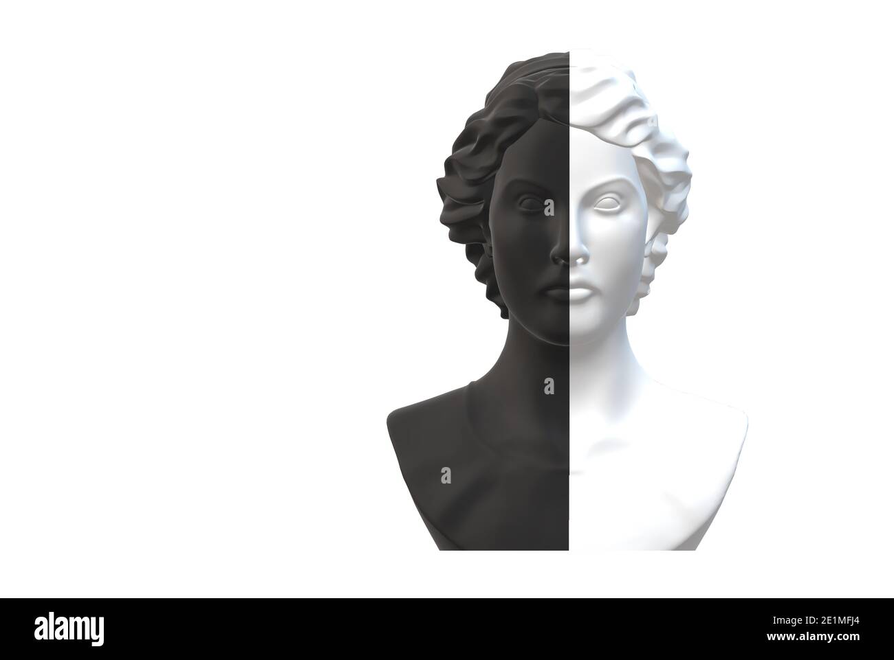 Bipolares Split Personality Konzept. Büste der Frau in zwei Farben schwarz und weiß auf weißem Hintergrund. 3D-Rendering Stockfoto