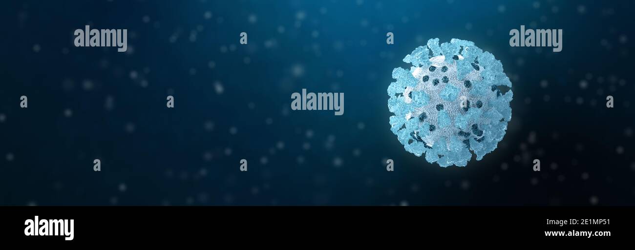 Coronavirus, Covid-19, 3d-Illustration. Blaue Zelle. Banner Web-Format. Mikroskopische Ansicht von schwimmenden Viruszellen. Influenza, 2019-ncov-Grippe. Konzept eines Stockfoto
