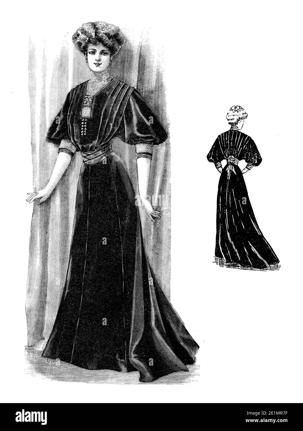 Ladies Fashion 1907, lange und elegante Linien mit Korsett, um eine eng-taillierte Figur zu erreichen, volle Brust und kurvige Hüften, mit Gibson Mädchen Frisur, frontal und Rückansicht abgeschlossen Stockfoto