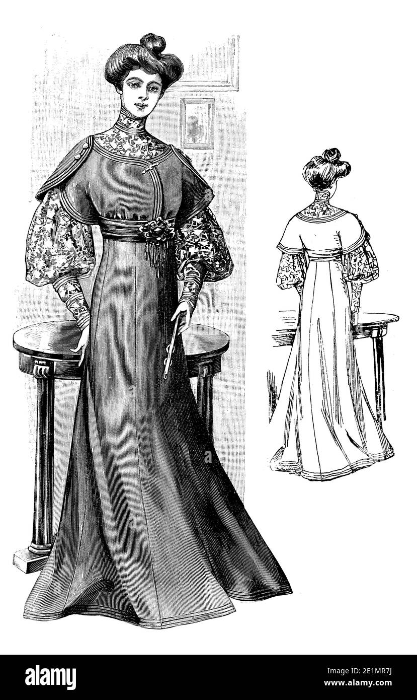 Ladies Fashion 1907, lange und elegante Linien mit Korsett, um eine eng-taillierte Figur zu erreichen, volle Brust und kurvige Hüften, mit Gibson Mädchen Frisur, frontal und Rückansicht abgeschlossen Stockfoto