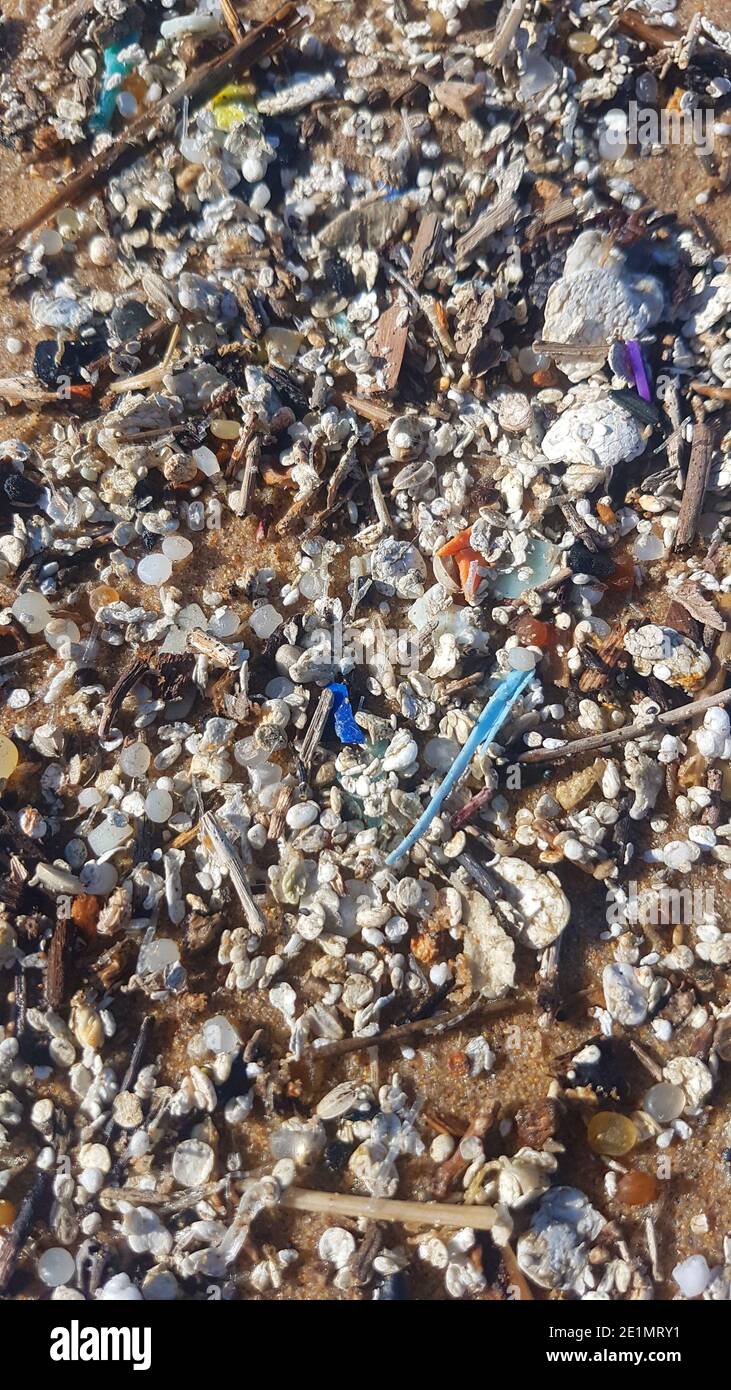 Plastikmüll und Mikroplastik am Ufer gewaschen Der atlantische Ozean Stockfoto