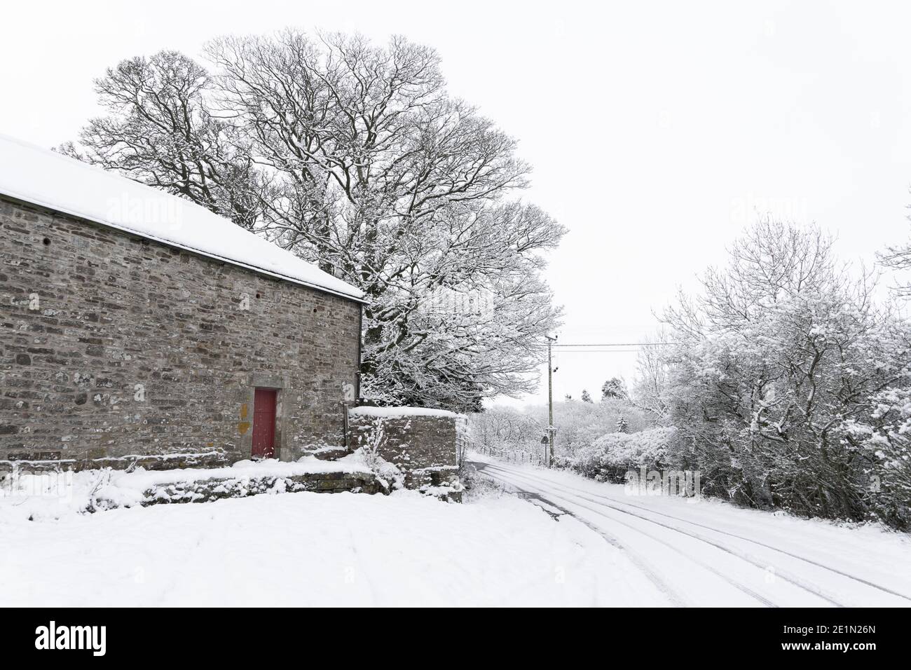 Schneebedeckte Landstraße in Northumberland, Großbritannien Stockfoto