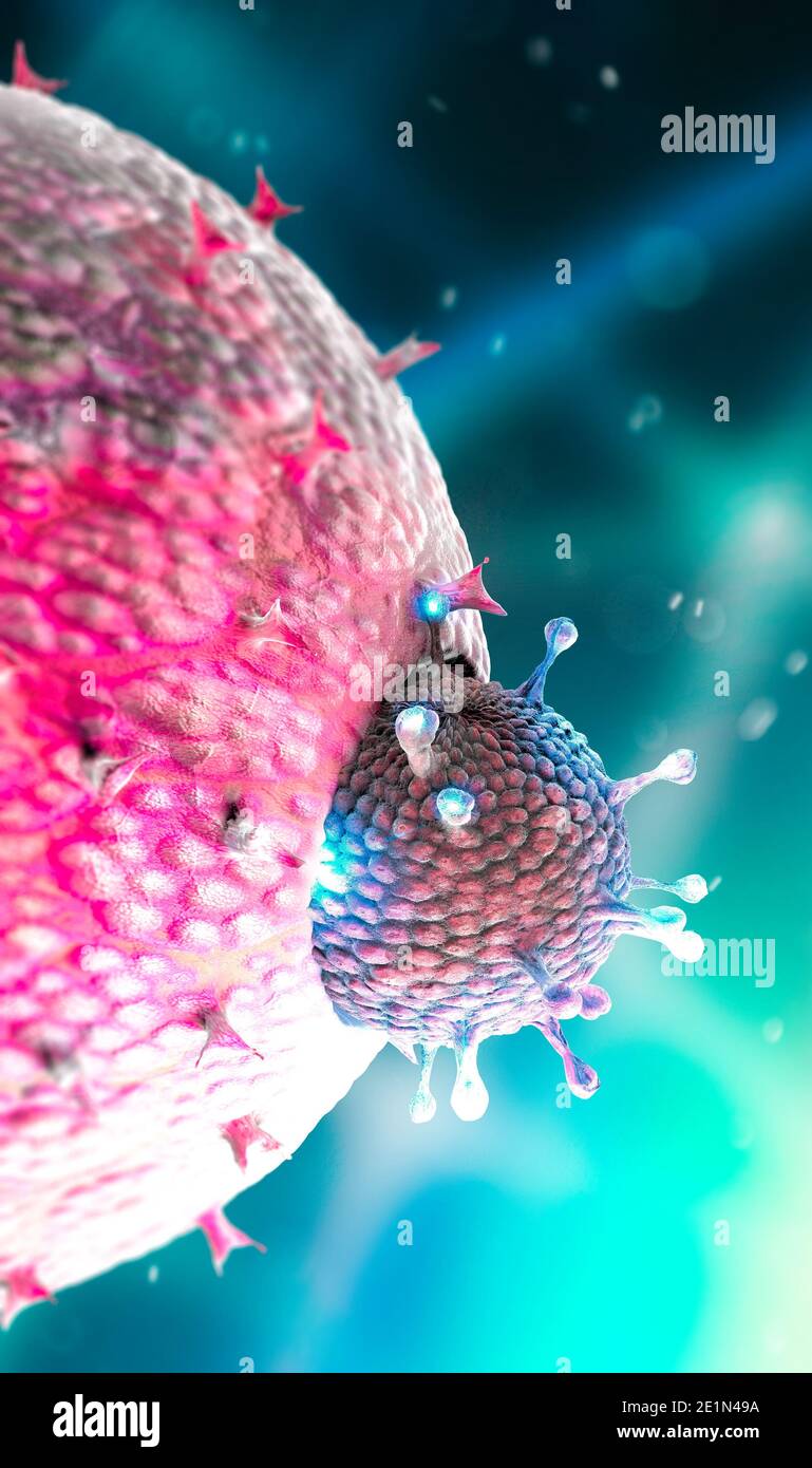 Mikroskopische Ansicht des Coronavirus, eines Erregers, der die Atemwege angreift. Covid-19. Analyse und Test, 3d-Rendering. Virusinfektion. Fortführung Stockfoto