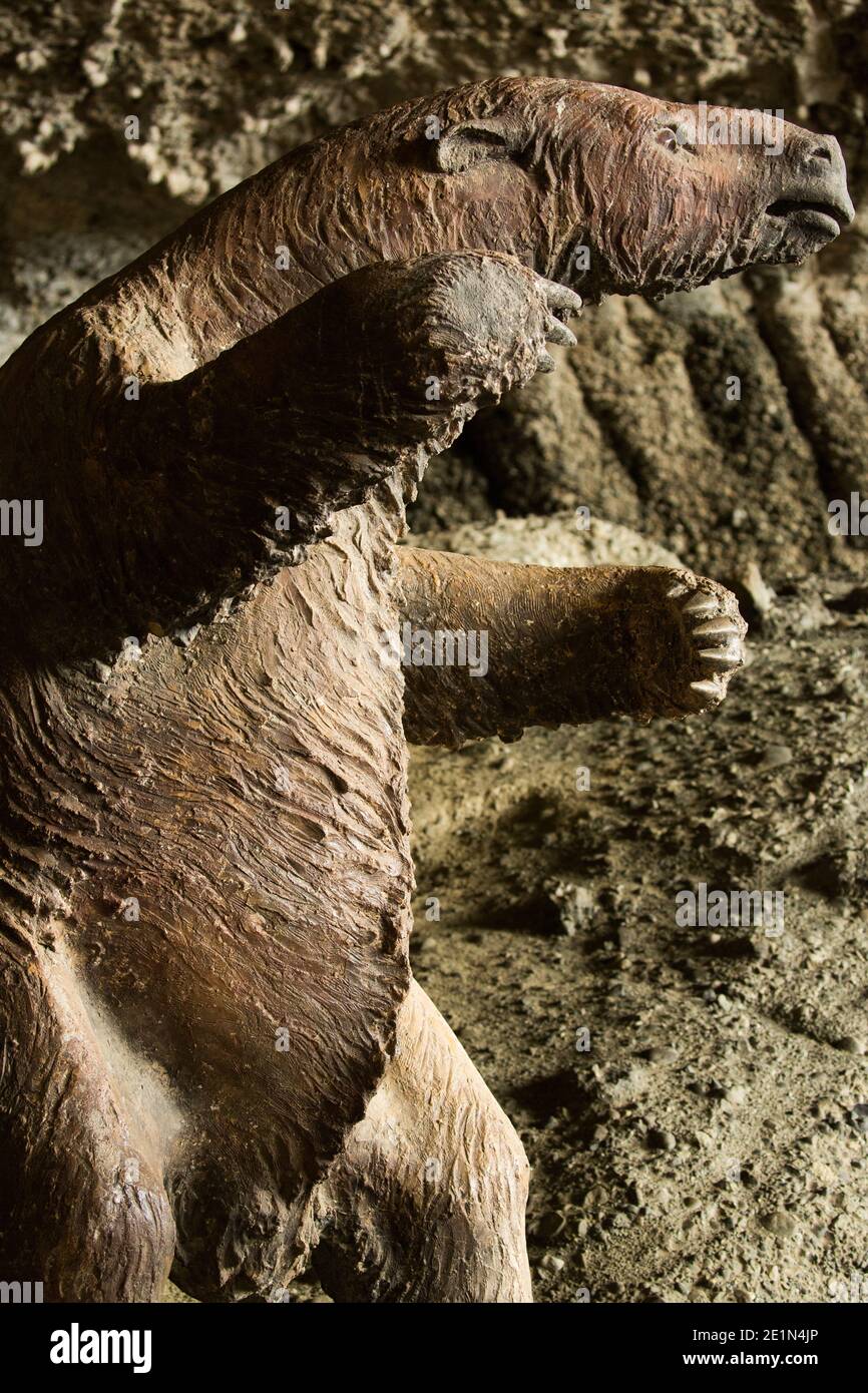 Lebensgroße Nachbildung des prähistorischen riesigen Bodenfaultieres namens Mylodon (Mylodon darwini) in der Milodon-Höhle, in der Nähe von Puerto Natales Patagonia, Chile Stockfoto