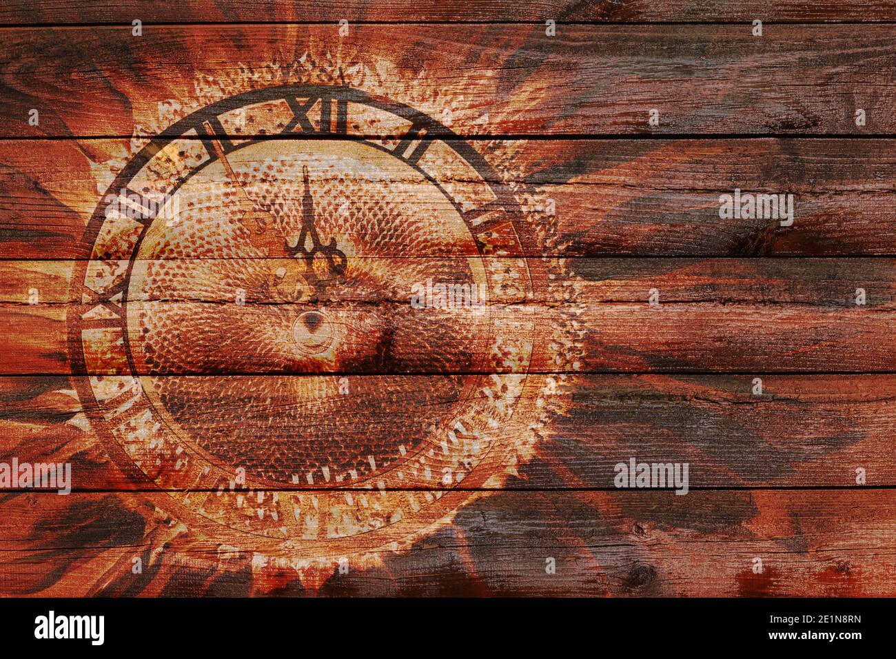 Die Abbildung auf dem Holzhintergrund der abstrakten Uhr Zeigt den Ansatz des neuen Jahres Stockfoto