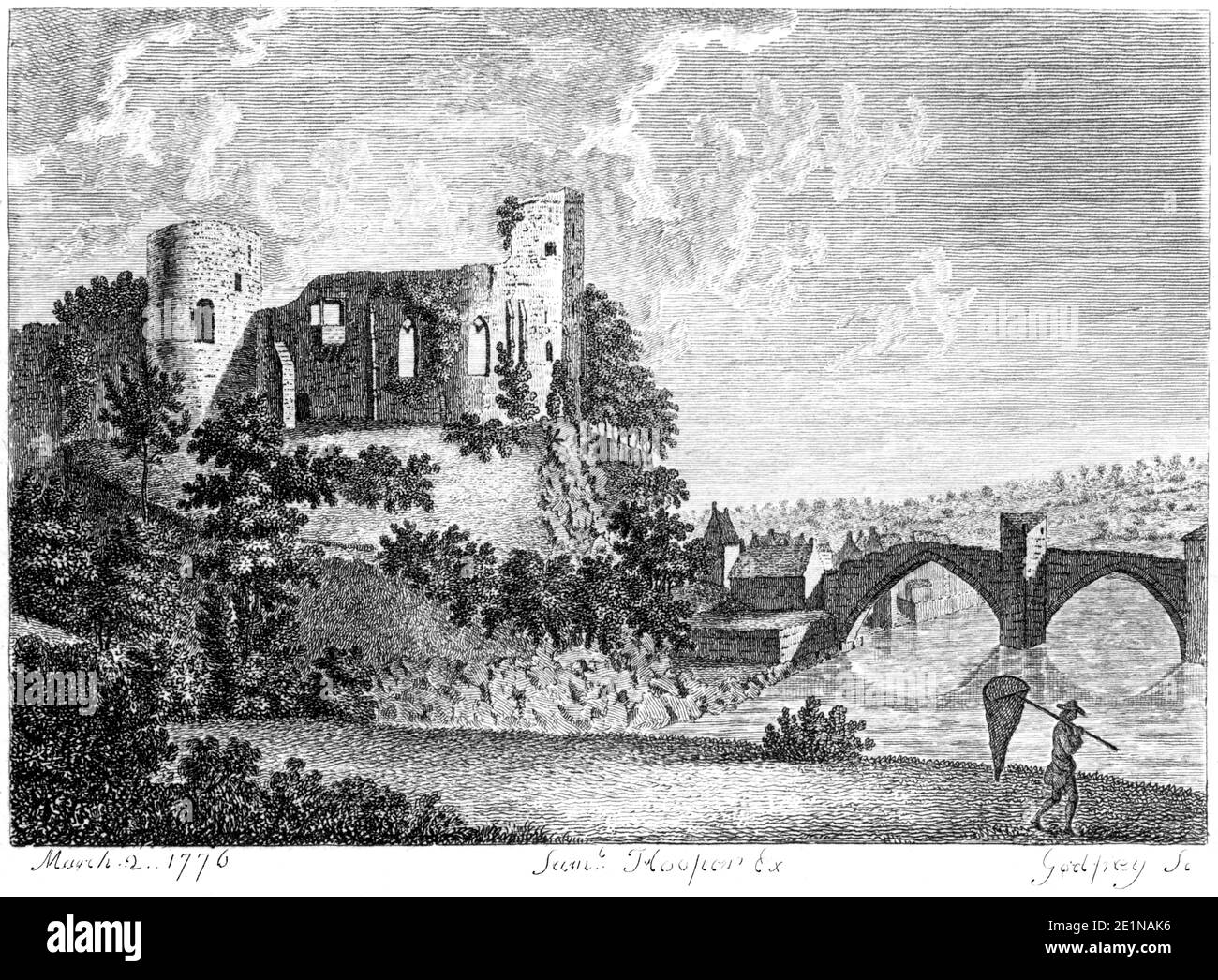 Ein Stich von Schloss Bernerds (Barnard Castle), veröffentlicht am 2. März 1776, gescannt in hoher Auflösung aus einem Buch, das in den 1770er Jahren veröffentlicht wurde. Stockfoto