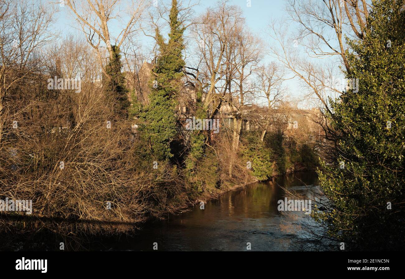Blick auf den Fluss Kelvin an einem sonnigen Wintertag, Glasgow. Stockfoto