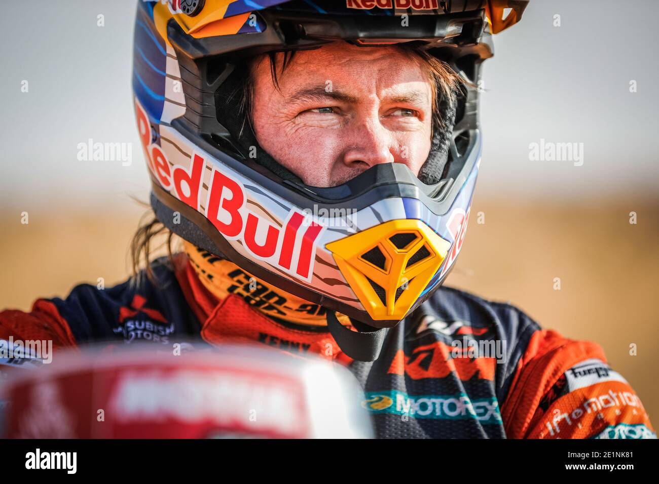 Price Toby (aus), KTM, Red Bull KTM Factory Team, Moto, Bike, Portrait während der 6. Etappe der Dakar 2021 zwischen Al Qais / LM Stockfoto