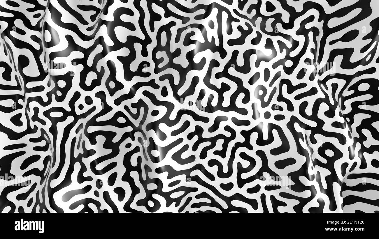Schwarz-Weiß-Turing-Muster. Hintergrund des Reaktions-Diffusionsmusters. Abstrakter flüssiger Hintergrund. 3D-Rendering, 3D-Illustration. Stockfoto