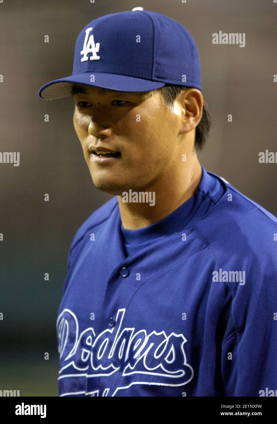 Hee-seop Choi der Los Angeles Dodgers während Schlagtraining vor Spiel gegen die Engel im Angel Stadium in Anaheim, Kalifornien am Freitag, 1. April Stockfoto