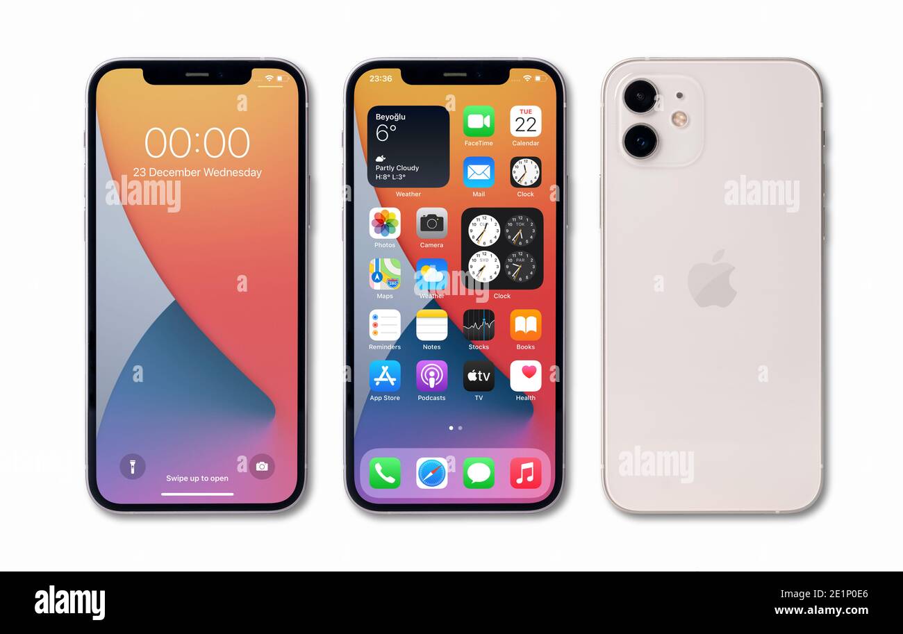 Antalya, Türkei - 08. Januar 2021: Apple iPhone 12 zeigt gesperrten Bildschirm, Home-Bildschirm und Rückseite des Telefons. Stockfoto