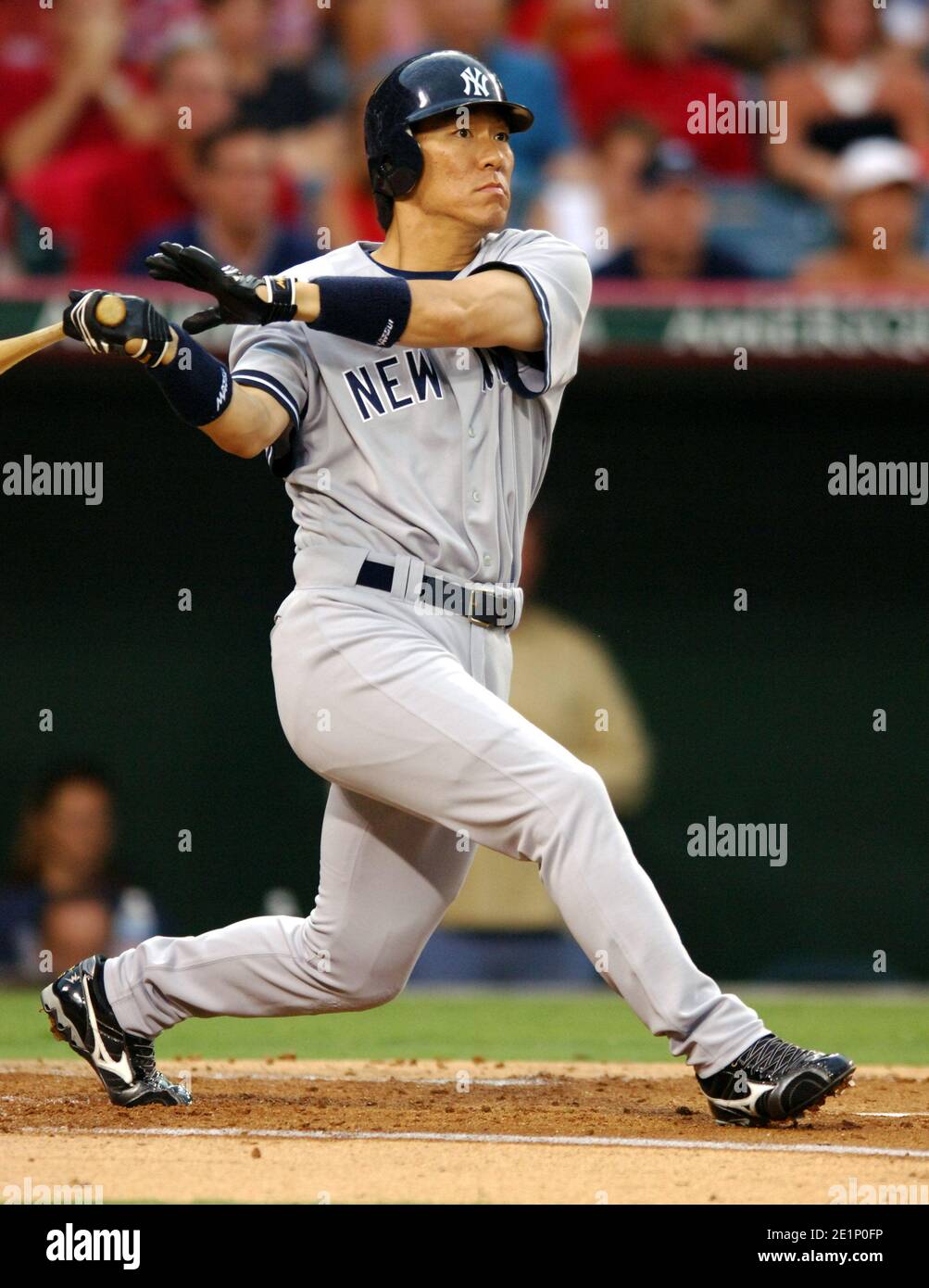 Hideki Matsui der New York Yankees Fledermäuse während 8-6 Verlust der Los Angeles Angels von Anaheim am Angel Stadium in Anaheim, Kalifornien am Samstag, Juli Stockfoto
