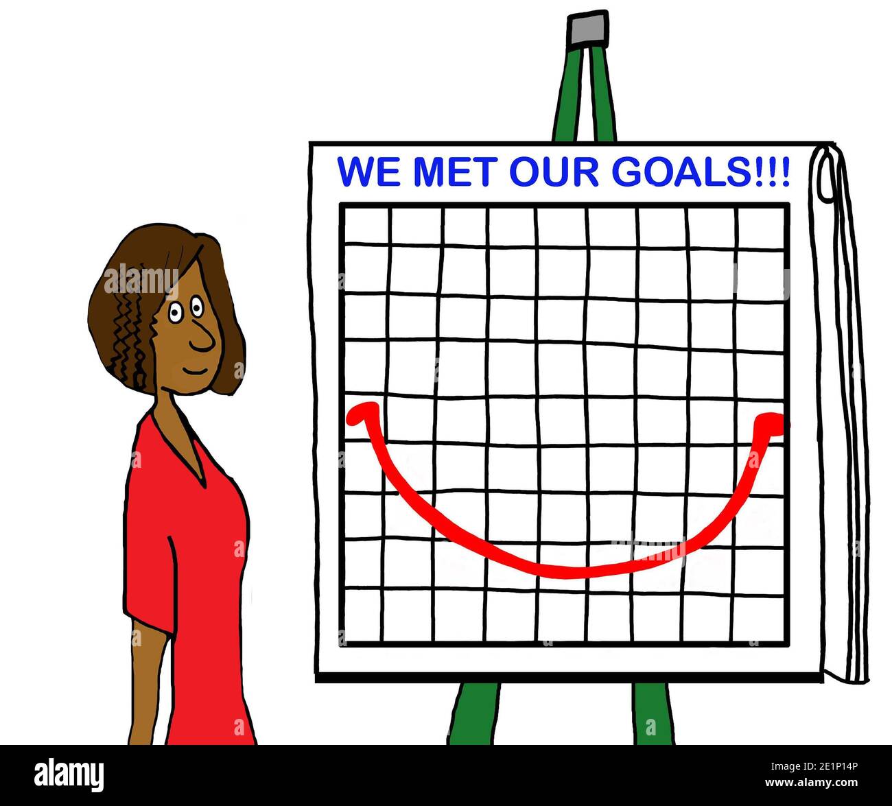 Lächelnde afroamerikanische Frau neben Diagramm, das Ziele erfüllt zeigt. Stockfoto