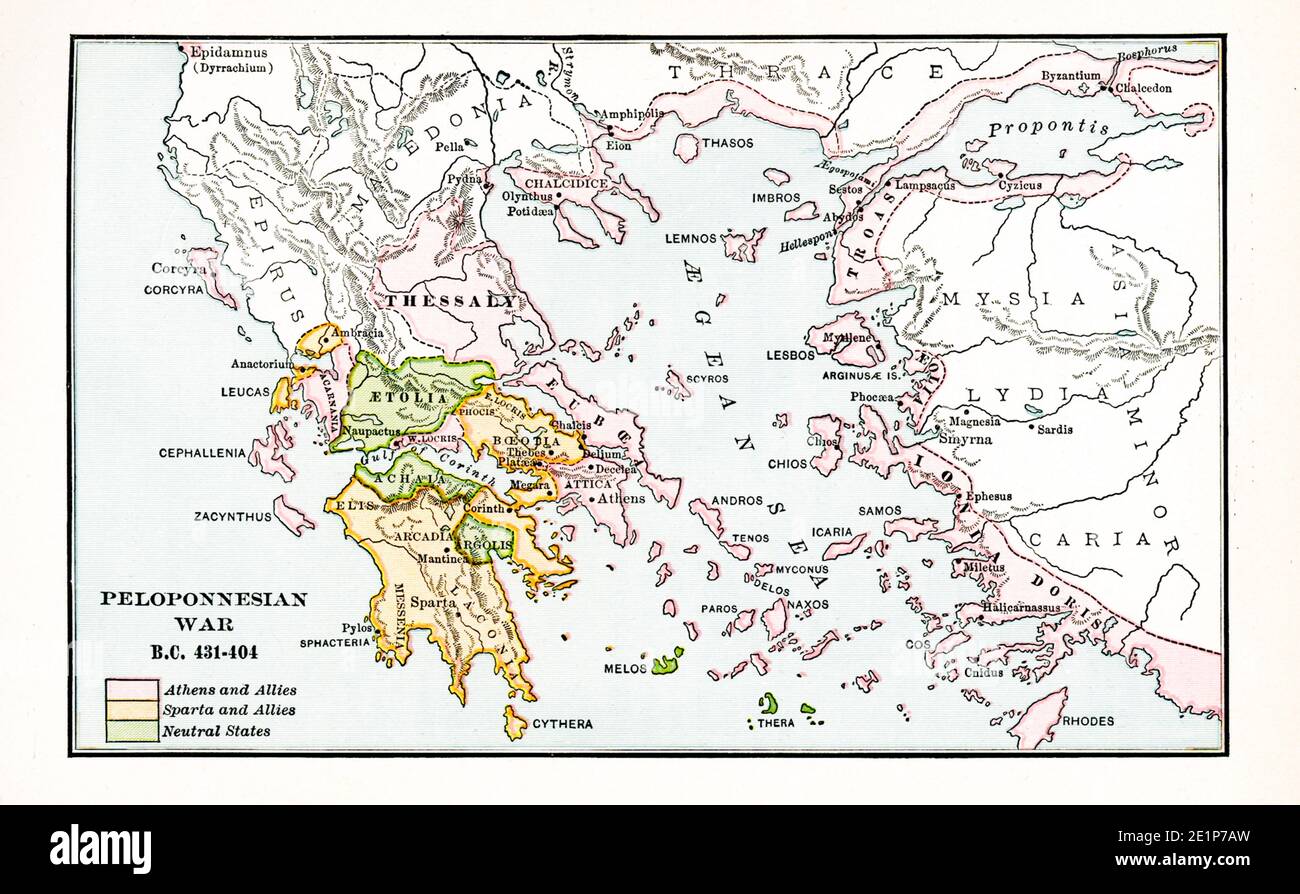 Peloponnesischer Krieg BC 431-404. Rosa: Athen und Alliierten; Orange: Sparta und Alliierten; Grün: Neutrale Alliierten Stockfoto