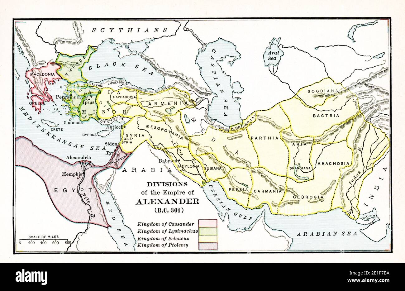 Karte der Abteilungen des Alexanderreiches im Jahre 301 v. Chr. Die Legende lautet: Rosa: Königreich von Cassander; Grün: Königreich von Lysimachus; Gelb: Königreich von Seleucus; Purpur: Königreich von Ptolemäus. Alexander der große erkrankte in Babylon bei seiner Rückkehr nach Griechenland und Mazedonien. Das Jahr war 323 v. Chr. Diese Karte zeigt die Abteilungen von Alexanders Reich unter den diadochoi (Nachfolger) zum Zeitpunkt seines Todes. Stockfoto
