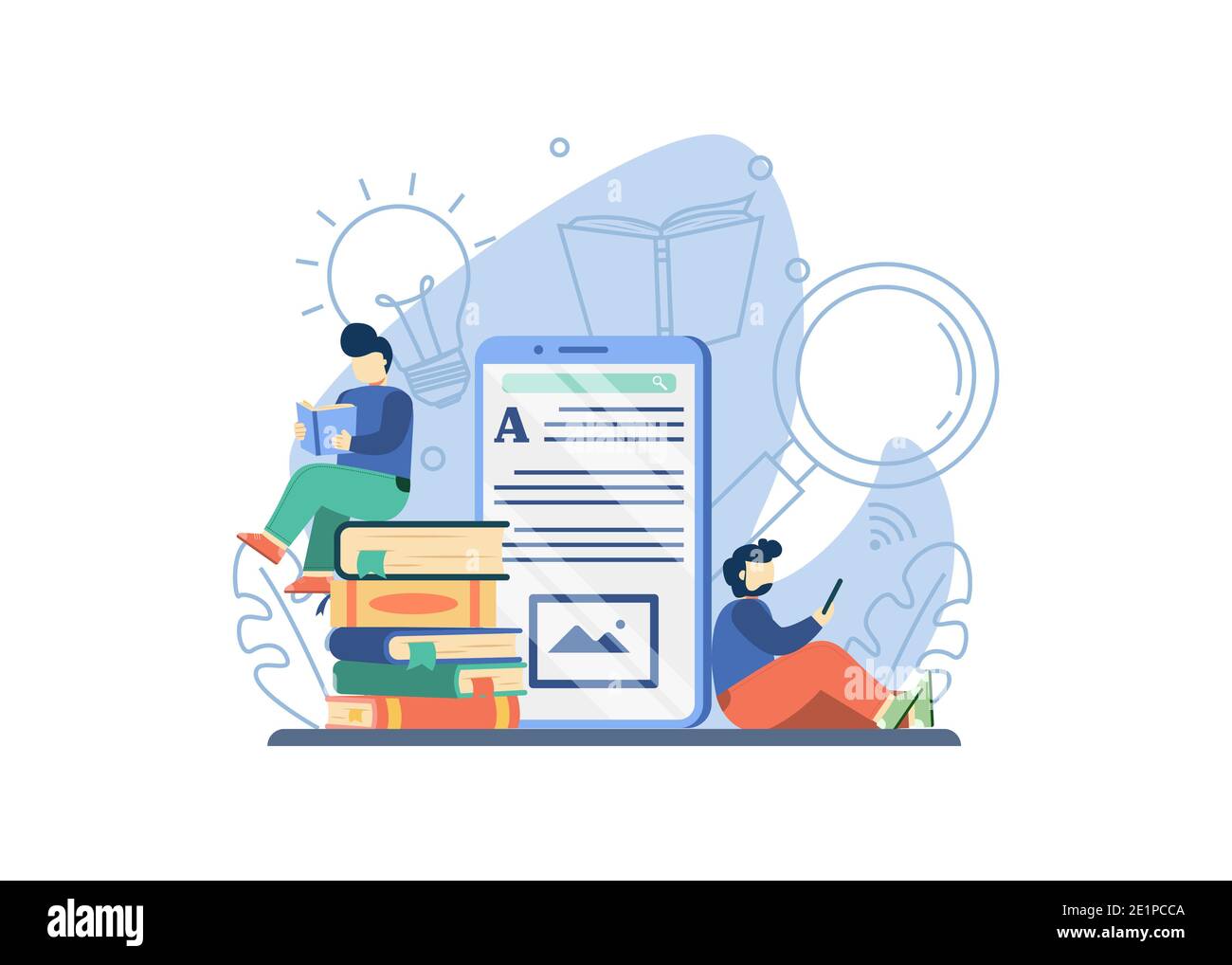Online-Bibliothek Konzept. Mann liest Buch auf Stapel von Buch. Digitale Bibliothek Anwendung. E-Learning, Online-Bildung, Fernunterricht und Online-bo Stockfoto
