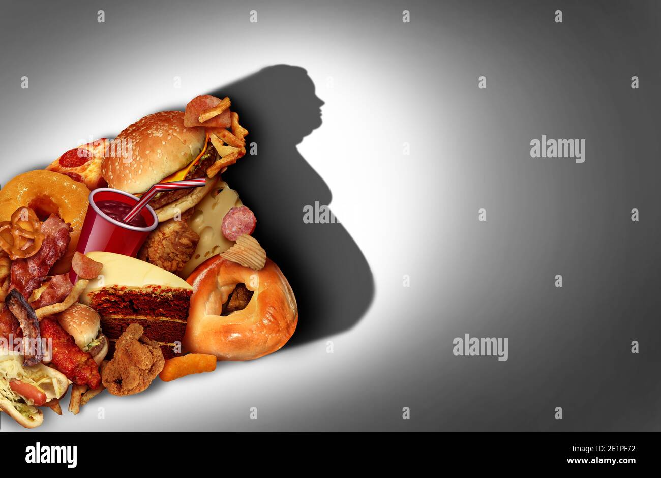 Adipositas und ungesunde Lebensweise oder Essen fetthaltige Lebensmittel Konzept als Fast-Food und schlechte Ernährung als fettleibig Symbol für Ernährung und Übergewicht Kontrolle. Stockfoto