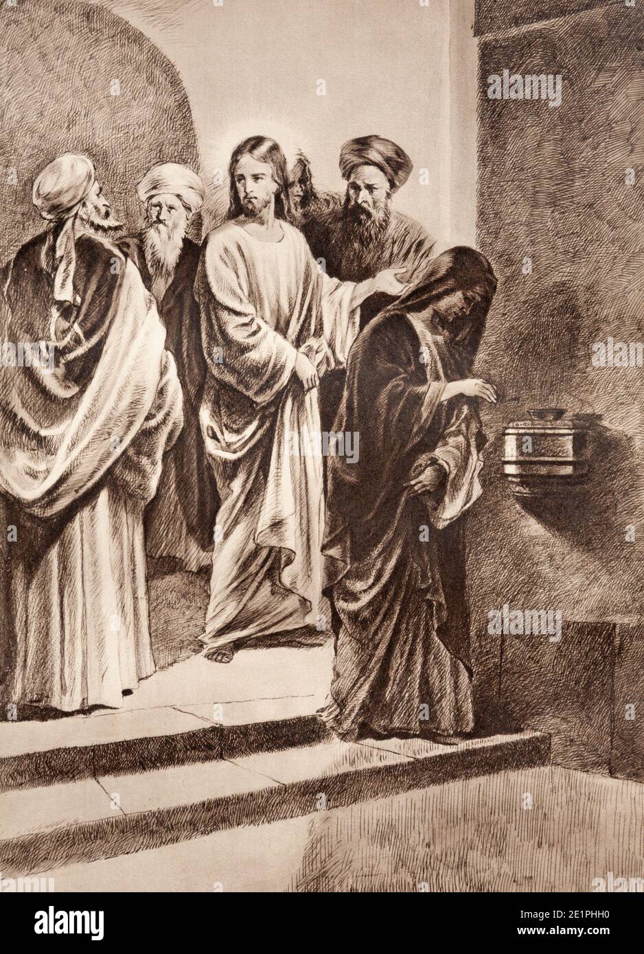 SEBECHLEBY, SLOWAKEI - 24. SEPTEMBER 2011: Die Lithographie Jesu beobachtet die Witwenmilbe ursprünglich von einem unbekannten Künstler. Stockfoto