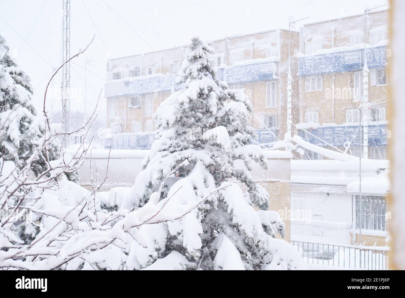 Schneesturm, Schneesturm auf einer Nachbarschaft. Schneit im Winter. Januar 2021 in Madrid, Spanien. Stockfoto