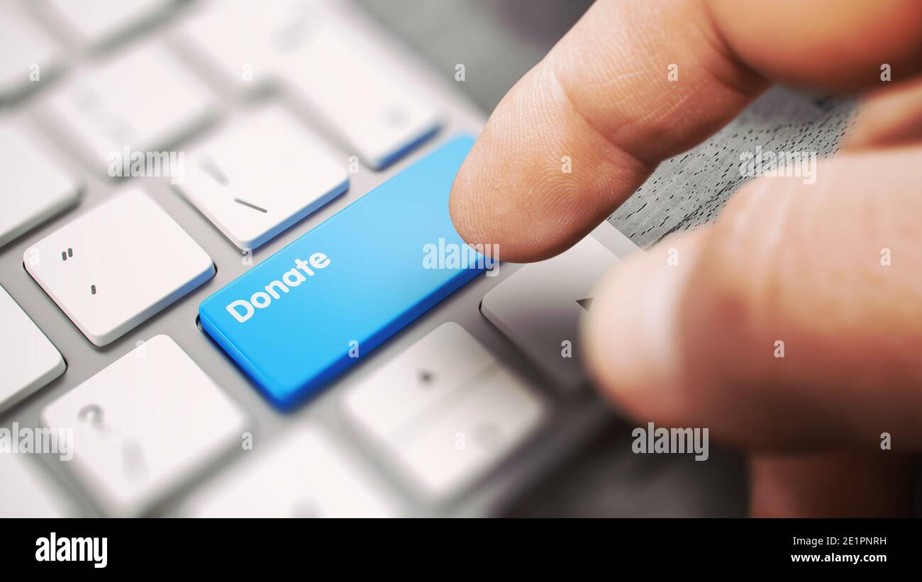 Donate - schlanke Aluminium-Tastatur mit einem blauen Schlüssel. 3D-Illustration. Stockfoto