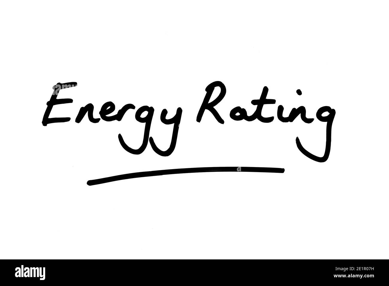 Energieeffizienzklasse handgeschrieben auf weißem Hintergrund. Stockfoto