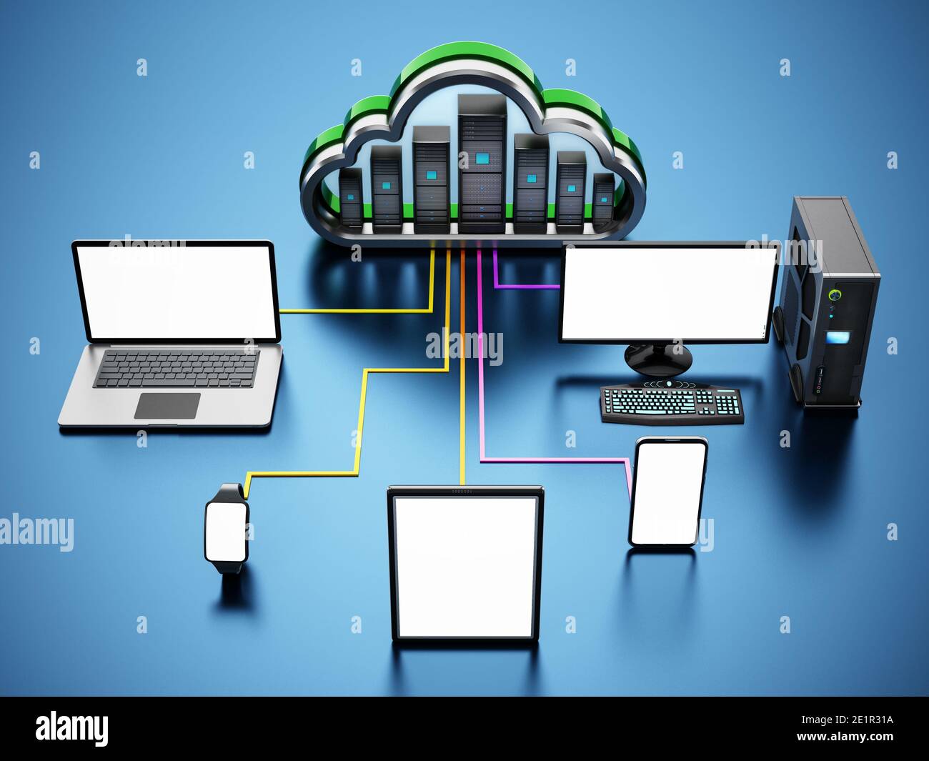 Intelligente Geräte, die mit den Cloud-förmigen Servern verbunden sind. Cloud-Computing-Diagramm. 3D-Illustration. Stockfoto