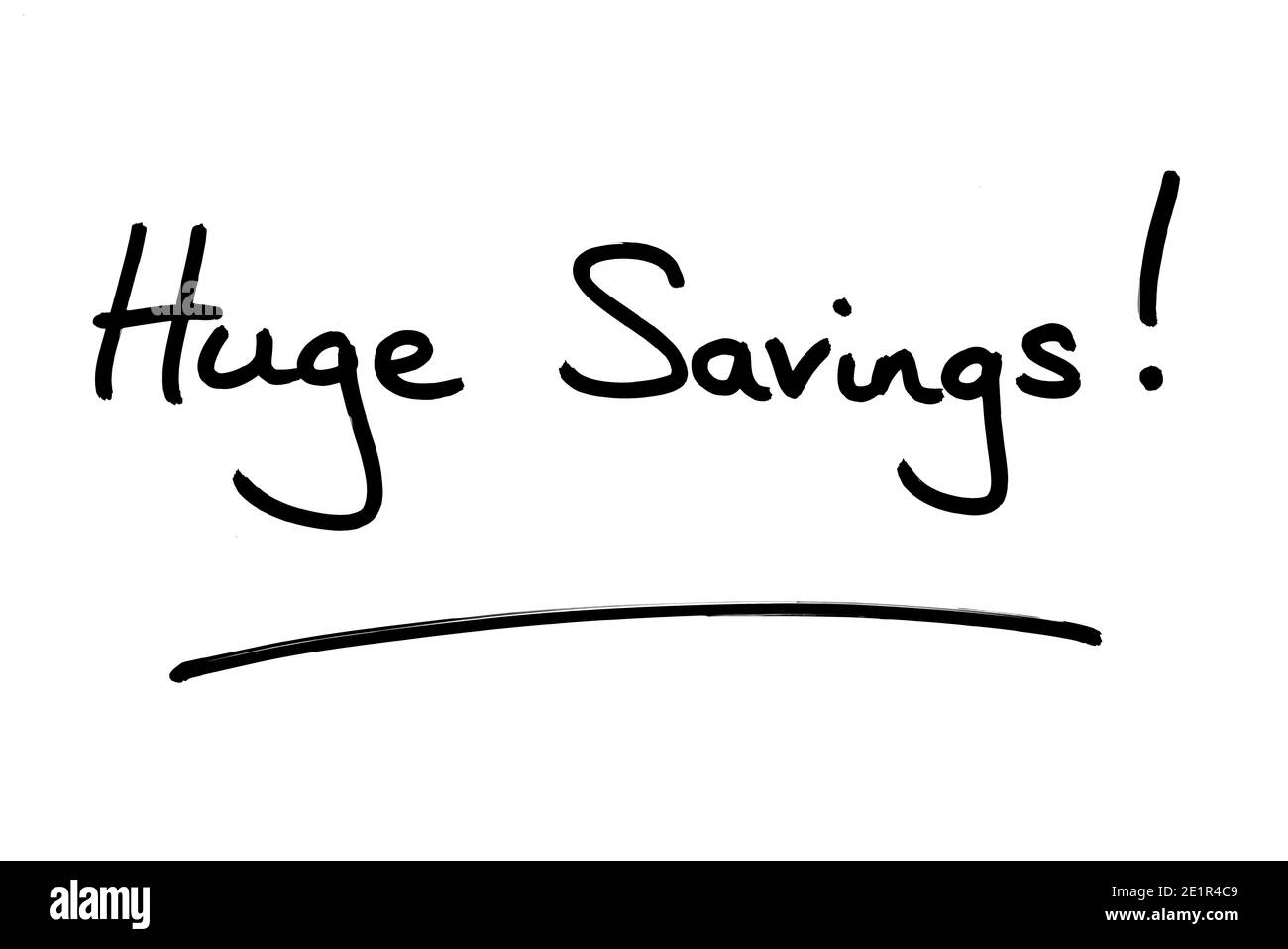 Enorme Einsparungen! Handgeschrieben auf weißem Hintergrund. Stockfoto