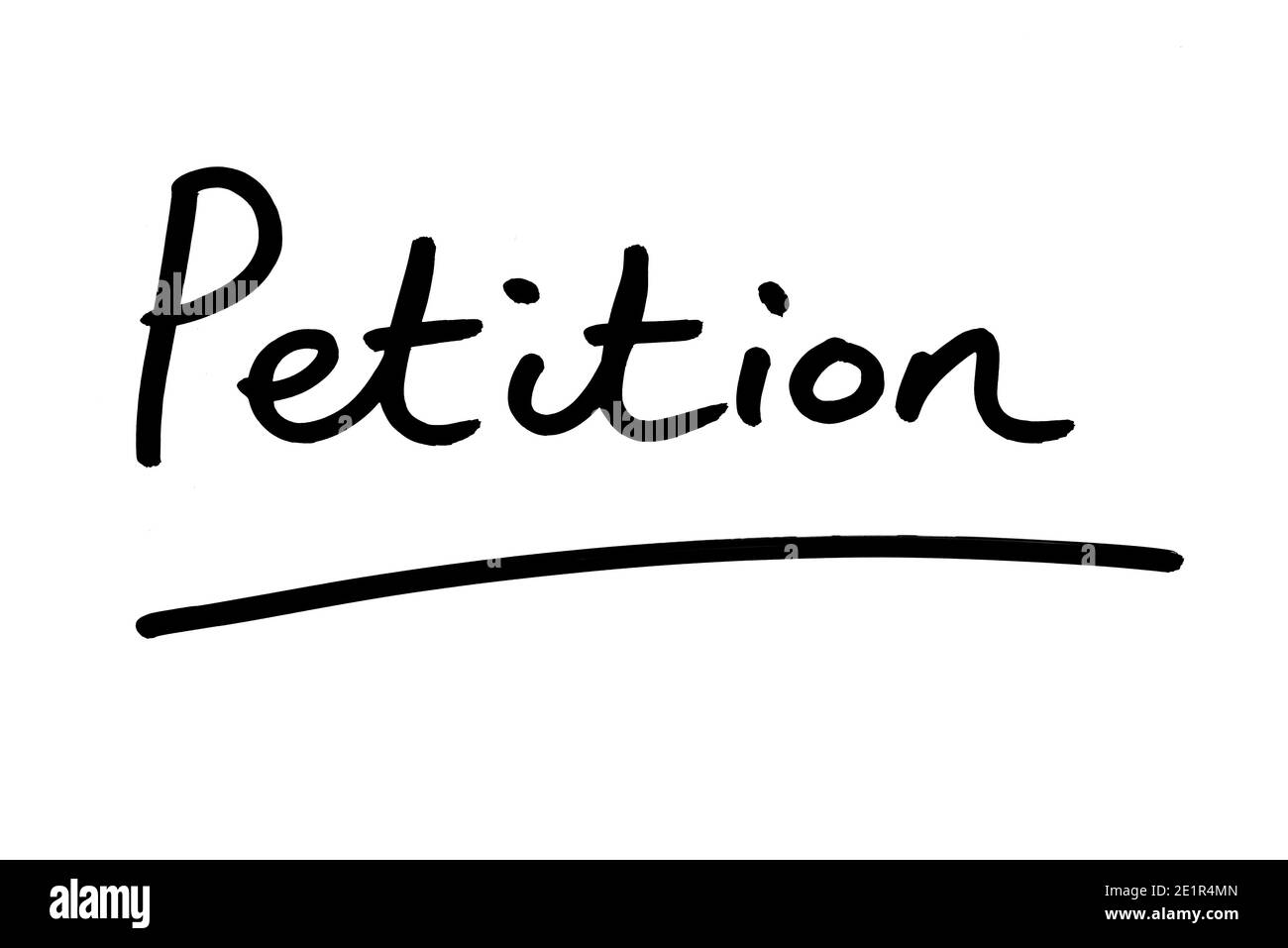 Das Wort Petition handgeschrieben auf weißem Hintergrund. Stockfoto