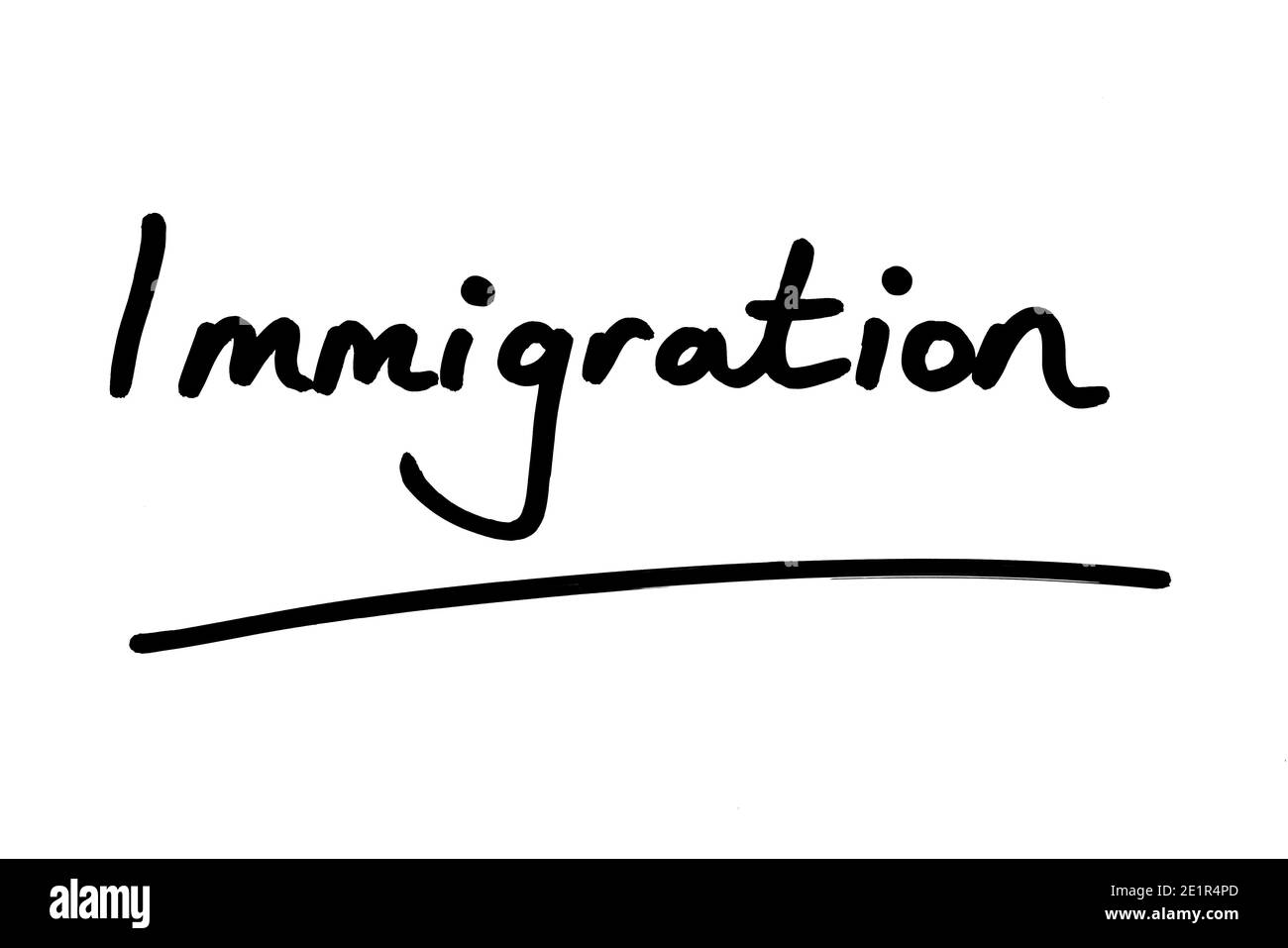 Das Wort Einwanderung handgeschrieben auf weißem Hintergrund. Stockfoto