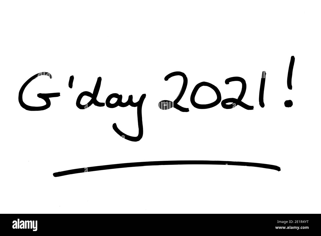 Gday 2021! Handgeschrieben auf weißem Hintergrund. Stockfoto Gday 2021! Handgeschrieben auf weißem Hintergrund. Stockfoto