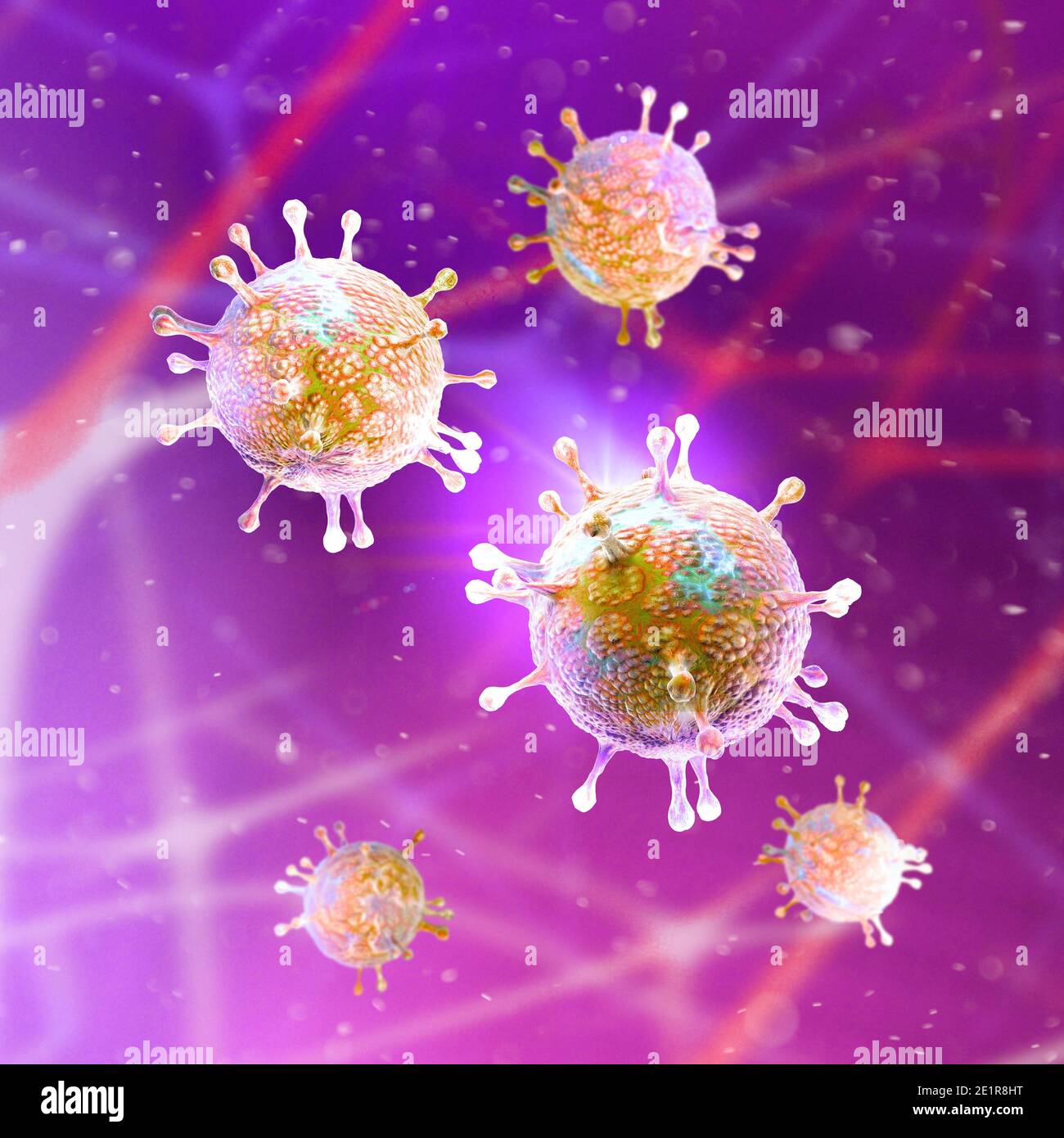Mikroskopische Ansicht des Coronavirus, eines Erregers, der die Atemwege angreift. Covid-19. Analyse und Test, 3d-Rendering. Virusinfektion. Fortführung Stockfoto