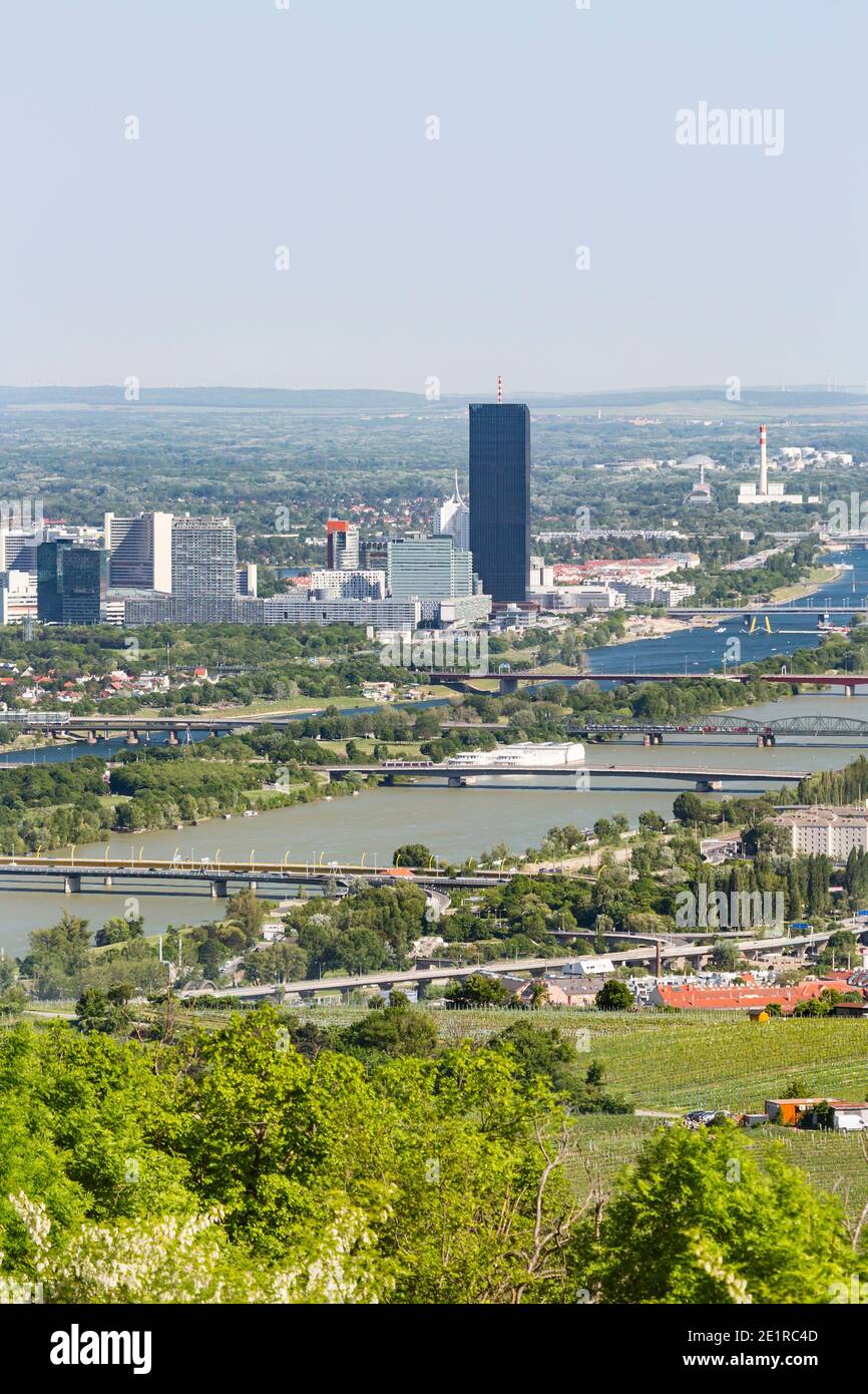Blick von einem Weinhügel über Wien, Österreich auf die Donau, das Internationale Zentrum und Donaucity. Stockfoto