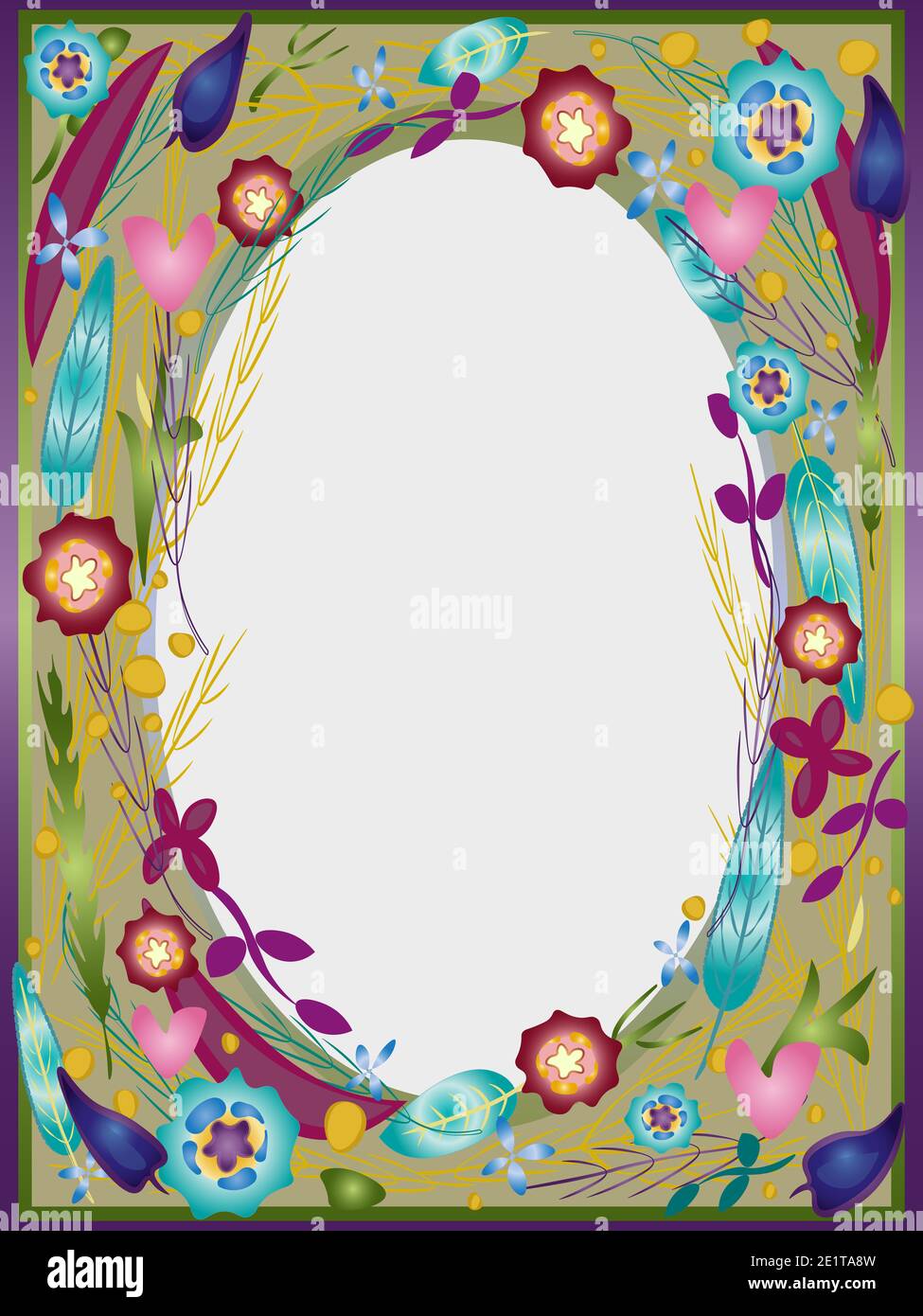 Buchstabenmuster ovaler Blumenrahmen. Helle bunte Vorlagenseite. Tauche von Hand gezeichnet Stockfoto