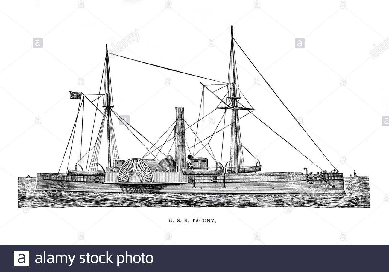 USS Tacony war ein doppeltes Seitenrad-Dampfschiff, das von der Union Navy im dritten Jahr des amerikanischen Bürgerkriegs erworben wurde, Vintage Illustration von 1887. Sie wurde als schweres Kanonenboot mit mächtigen Gewehren ausgestattet und in der Union Blockade der Wasserstraßen der Konföderierten Staaten von Amerika verwendet Stockfoto