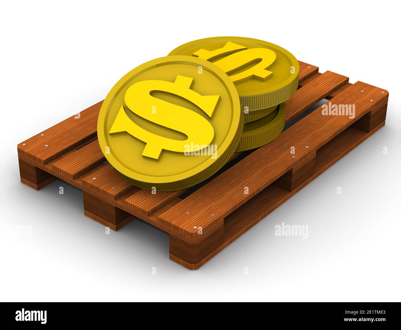 Geld auf der Palette. Goldmünzen mit dem Symbol des US-Dollars auf der Palette. 3D-Illustration Stockfoto