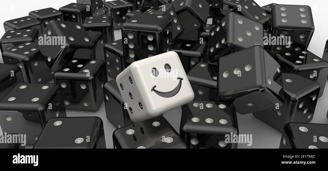 Glückswürfel. Haufen schwarzer Würfel als Hintergrund mit weißem Smiley-Würfel Stockfoto
