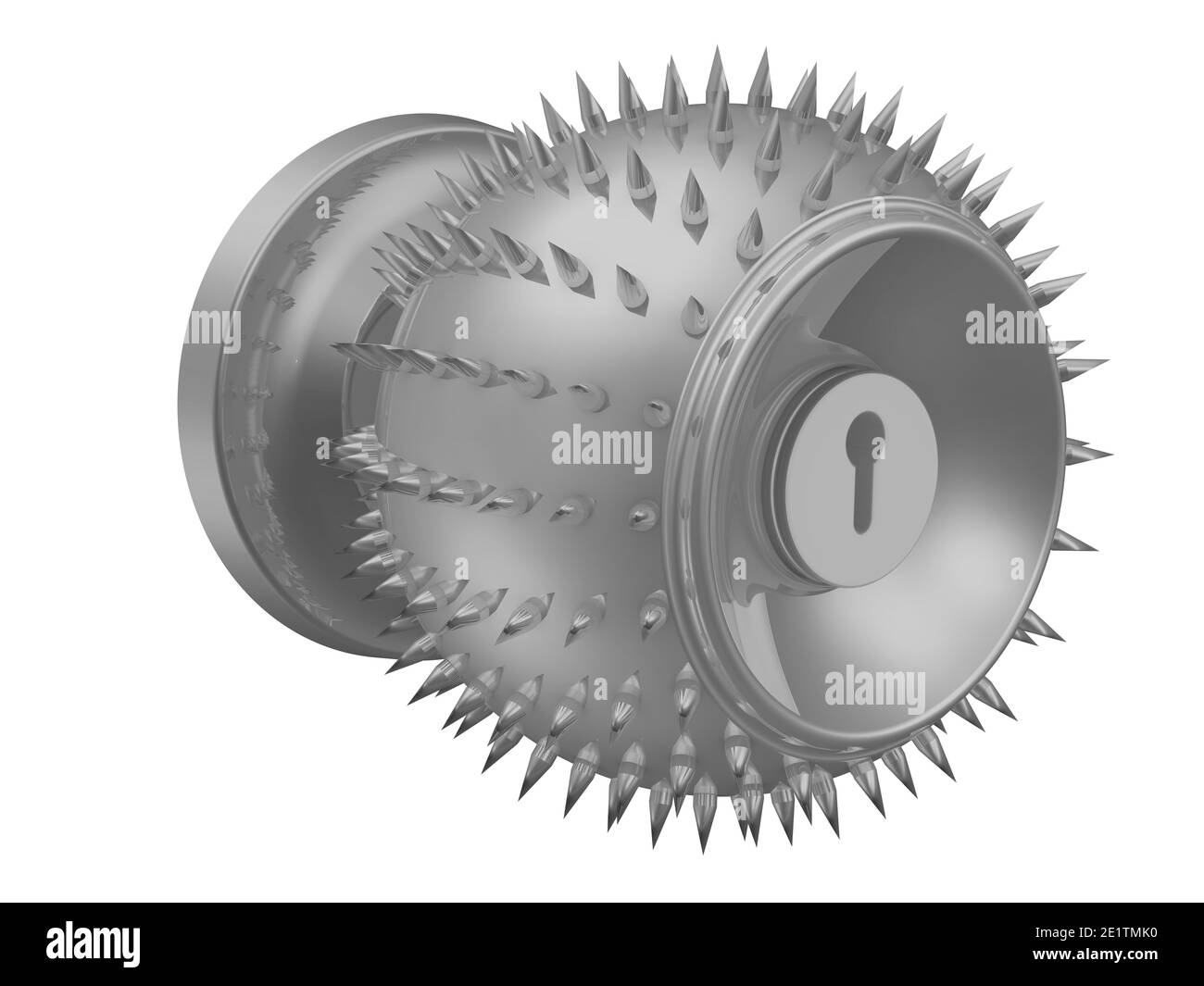 Gefährlicher Türknauf. Gefährlicher Türgriff mit Spikes isoliert auf weißem Hintergrund. 3D-Illustration Stockfoto