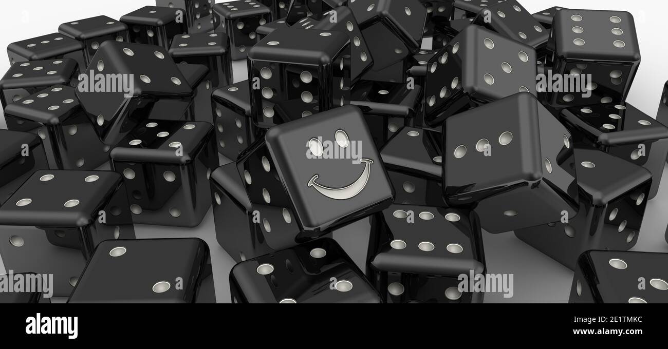 Glückswürfel. Haufen schwarzer Würfel als Hintergrund mit weißem Smiley-Würfel Stockfoto