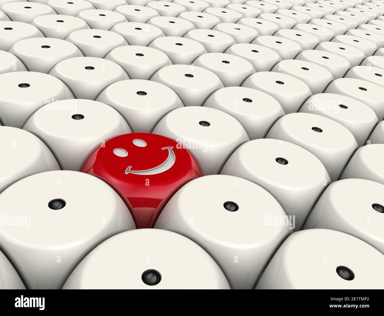 Glückswürfel. Würfel, gefaltete Gesichter zueinander, mit einem Punkt und einem roten Würfel mit lächelndem Gesicht. 3D-Illustration Stockfoto