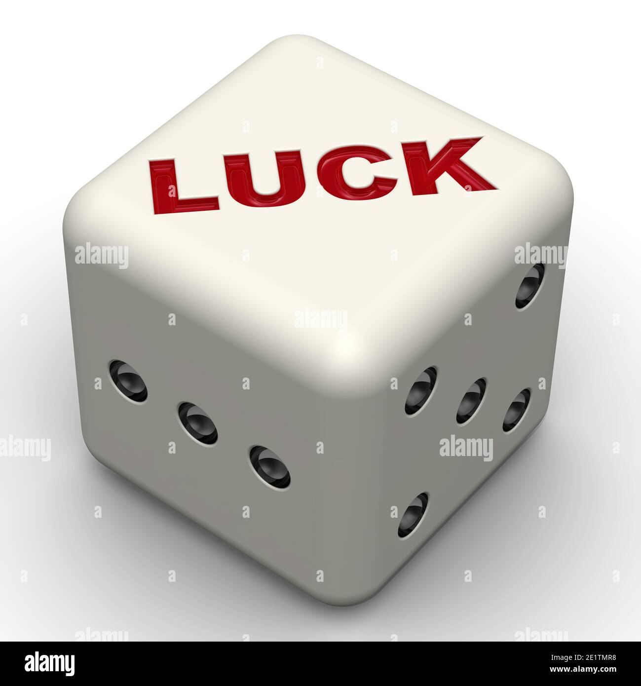 Glückswürfel. Eine weiße Würfel mit dem roten Wort GLÜCK auf einer weißen Oberfläche. Isoliert. 3D-Illustration Stockfoto