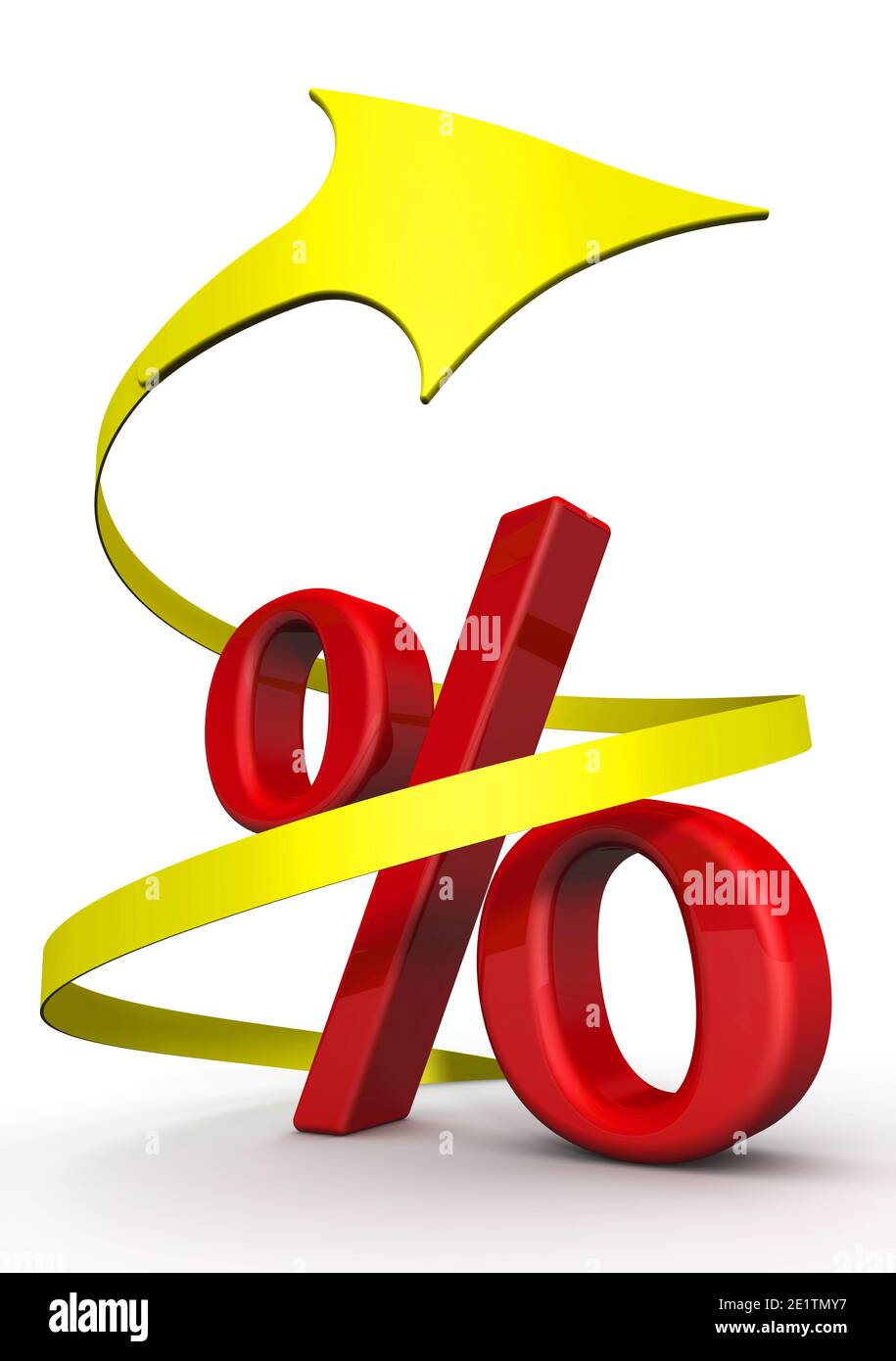 Zinswachstum. Goldener Pfeil nach oben um rotes Prozentzeichen isoliert auf weißem Hintergrund. Isoliert. 3D-Illustration Stockfoto