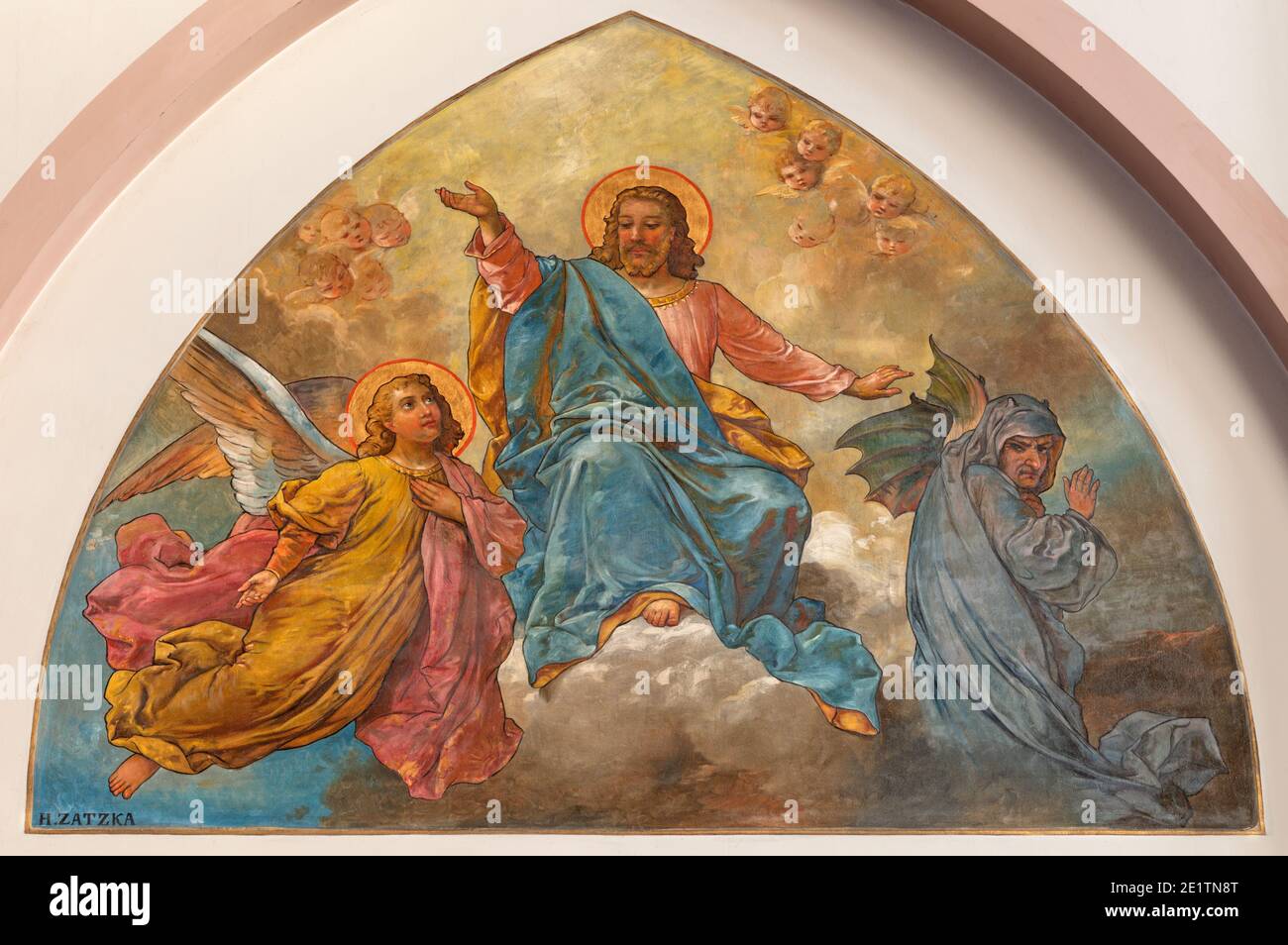 WIEN, AUSTIRA - 22. OKTOBER 2020: Fresko der Versuchung Jesu auf dem Berg in der Kirche Laurentiuskirche von Hans Zacka Ende 19. Jh. Stockfoto