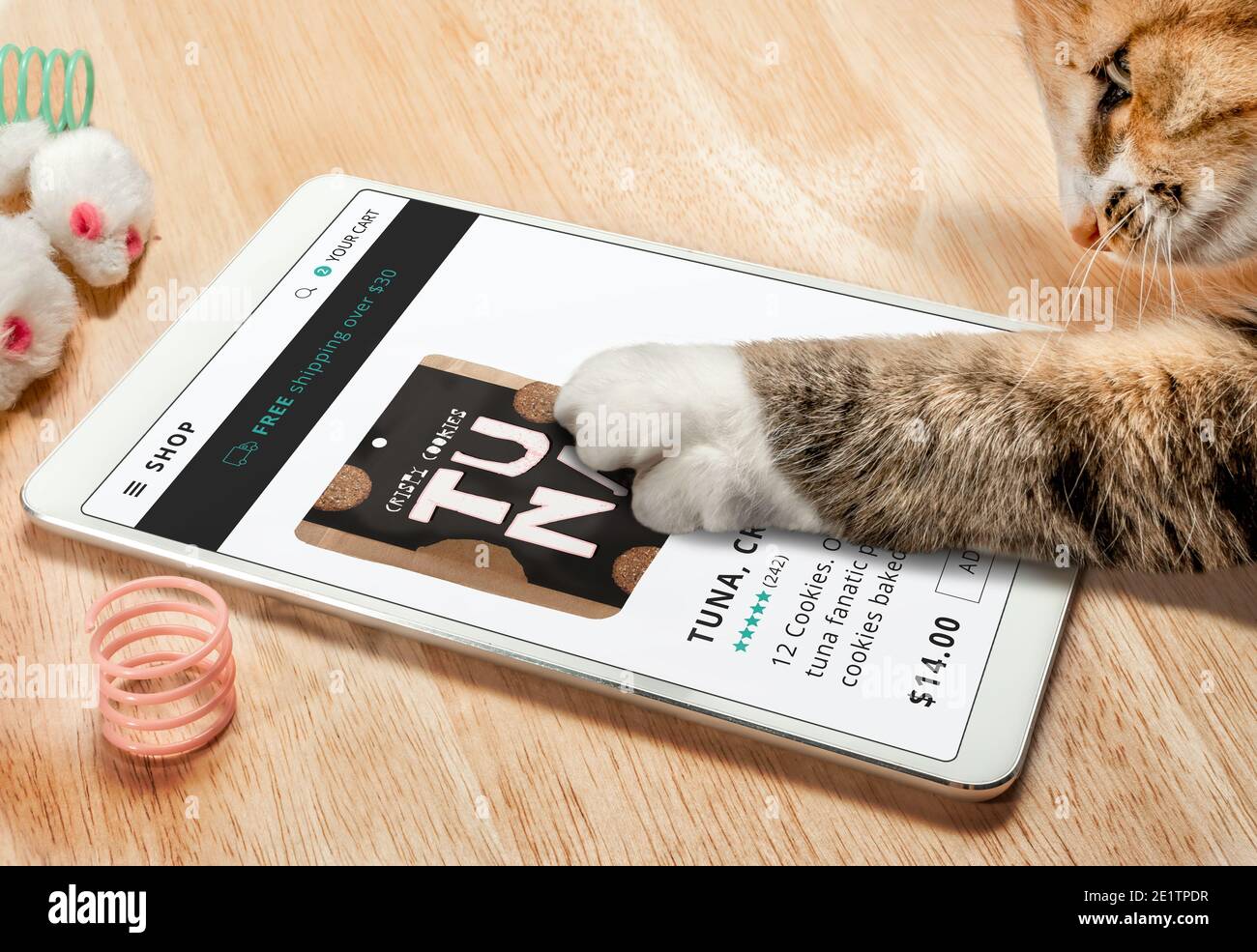 Smart Katze Lebensmittel über eine Online-Shopping-Website bestellen. Die Kitty ist mit Tablet wie ein Mensch. Konzept für Haustiere mit Technologie, E-Commerce, Stockfoto