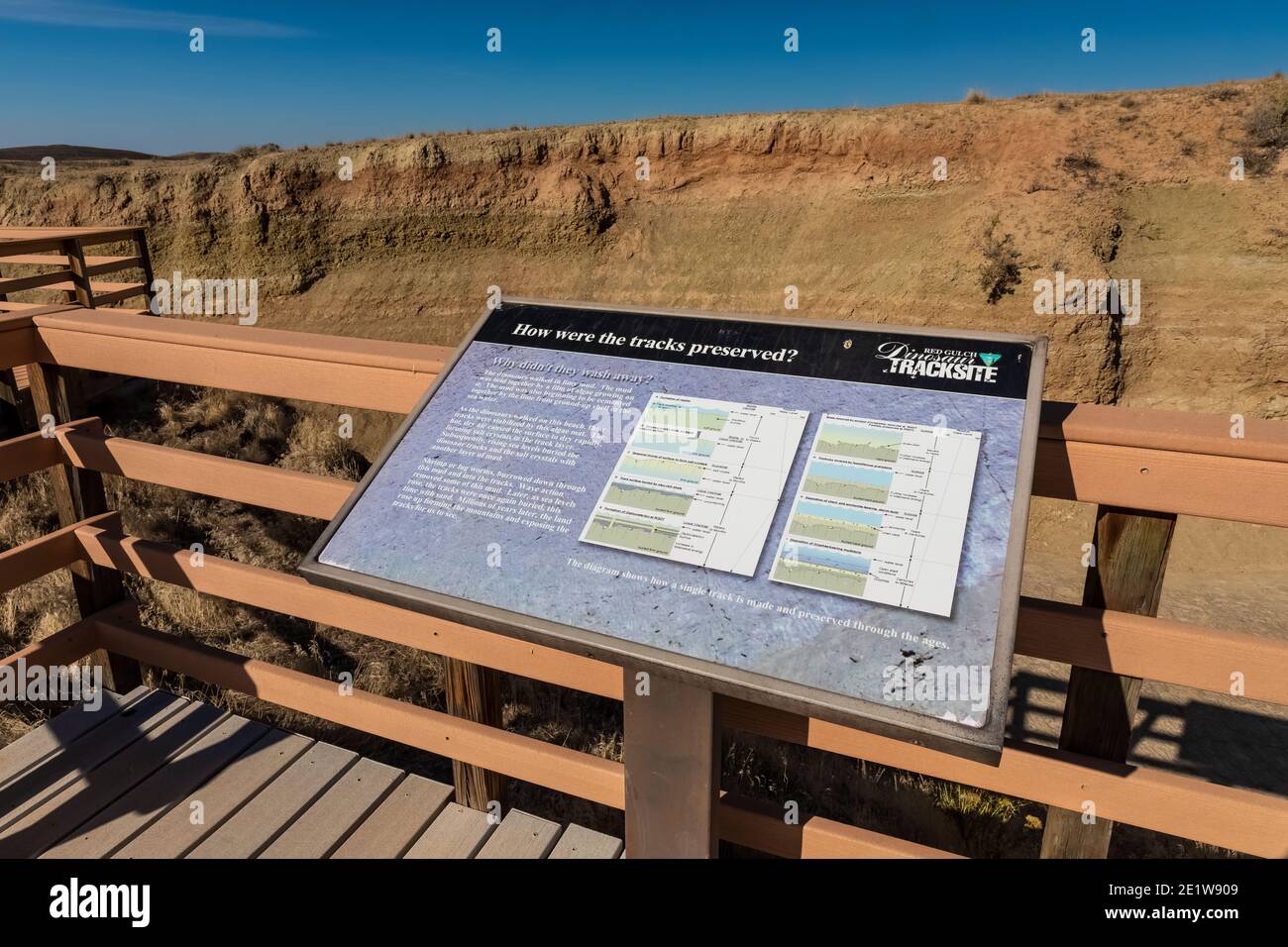 Interpretative Zeichen auf Red Gulch Dinosaur Tracksite auf BLM Land in der Nähe von Greybull und Shell, Wyoming, USA Stockfoto