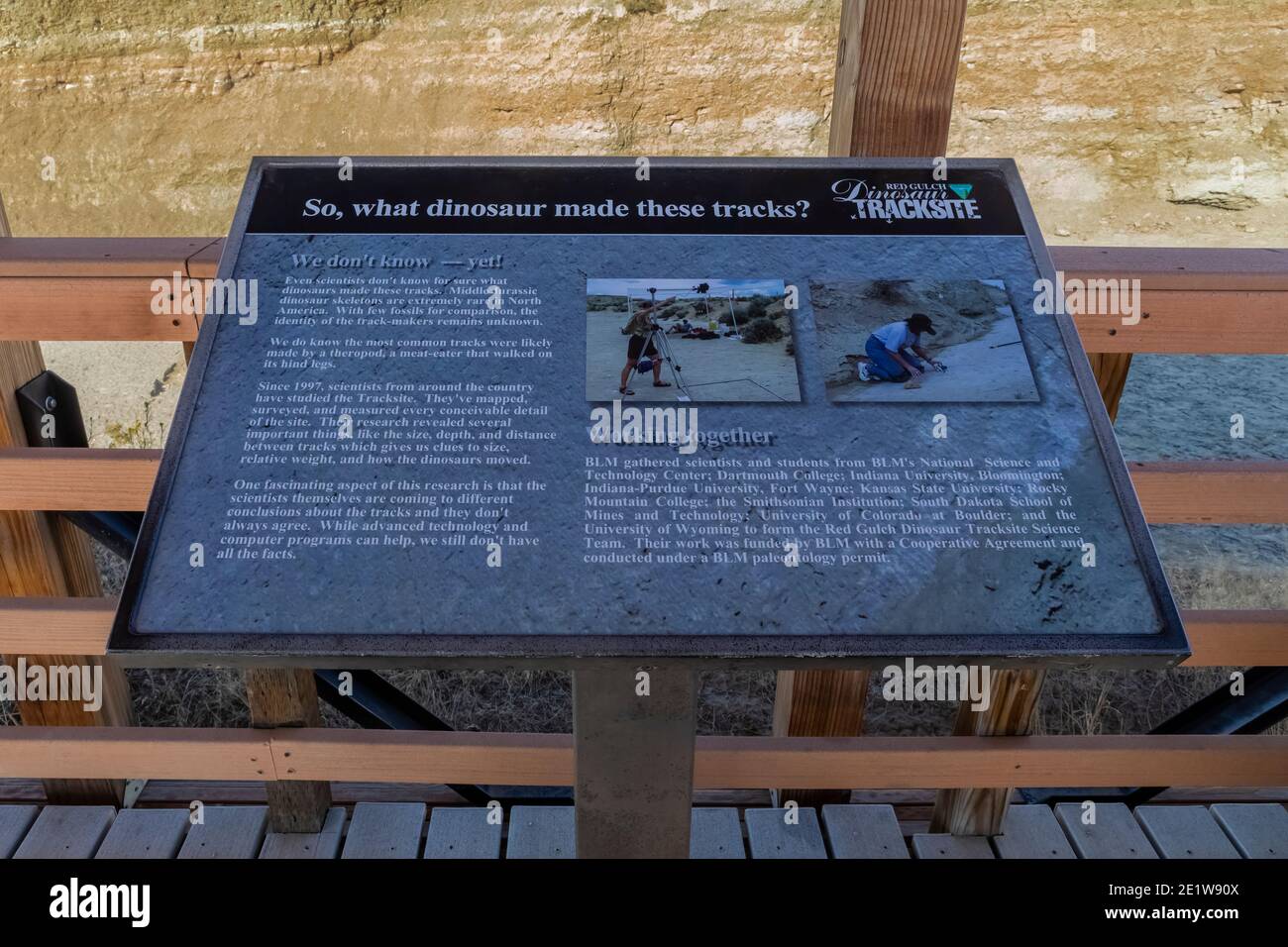 Interpretative Zeichen auf Red Gulch Dinosaur Tracksite auf BLM Land in der Nähe von Greybull und Shell, Wyoming, USA Stockfoto