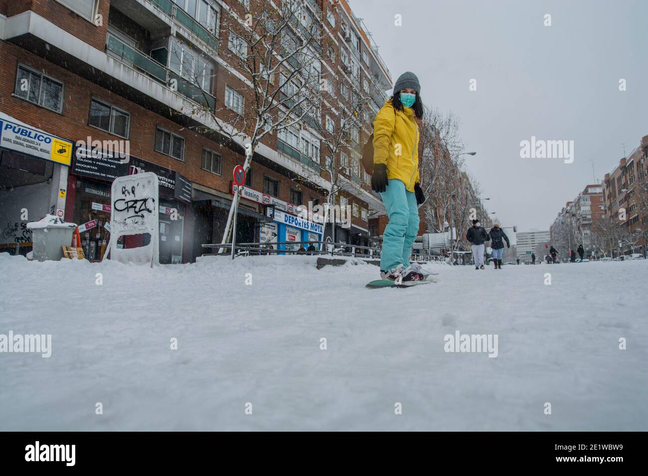 Die Straßen von madrid voller Schnee nach dem Sturm filomena Stockfoto