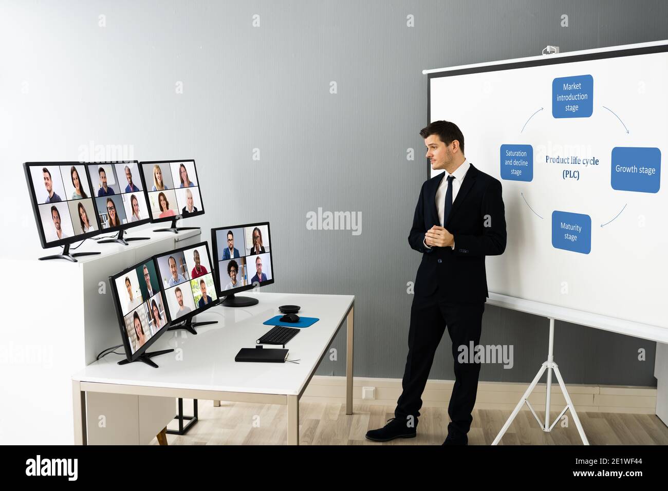 Online Live Training Coach Videokonferenz Mit Virtuellem Publikum Stockfoto