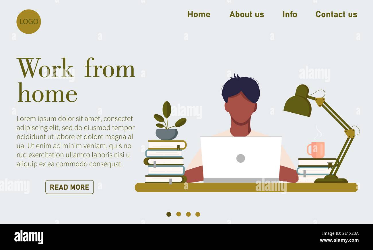 Web-Seite Vorlage mit jungen Mann zu Hause arbeiten Stockfoto