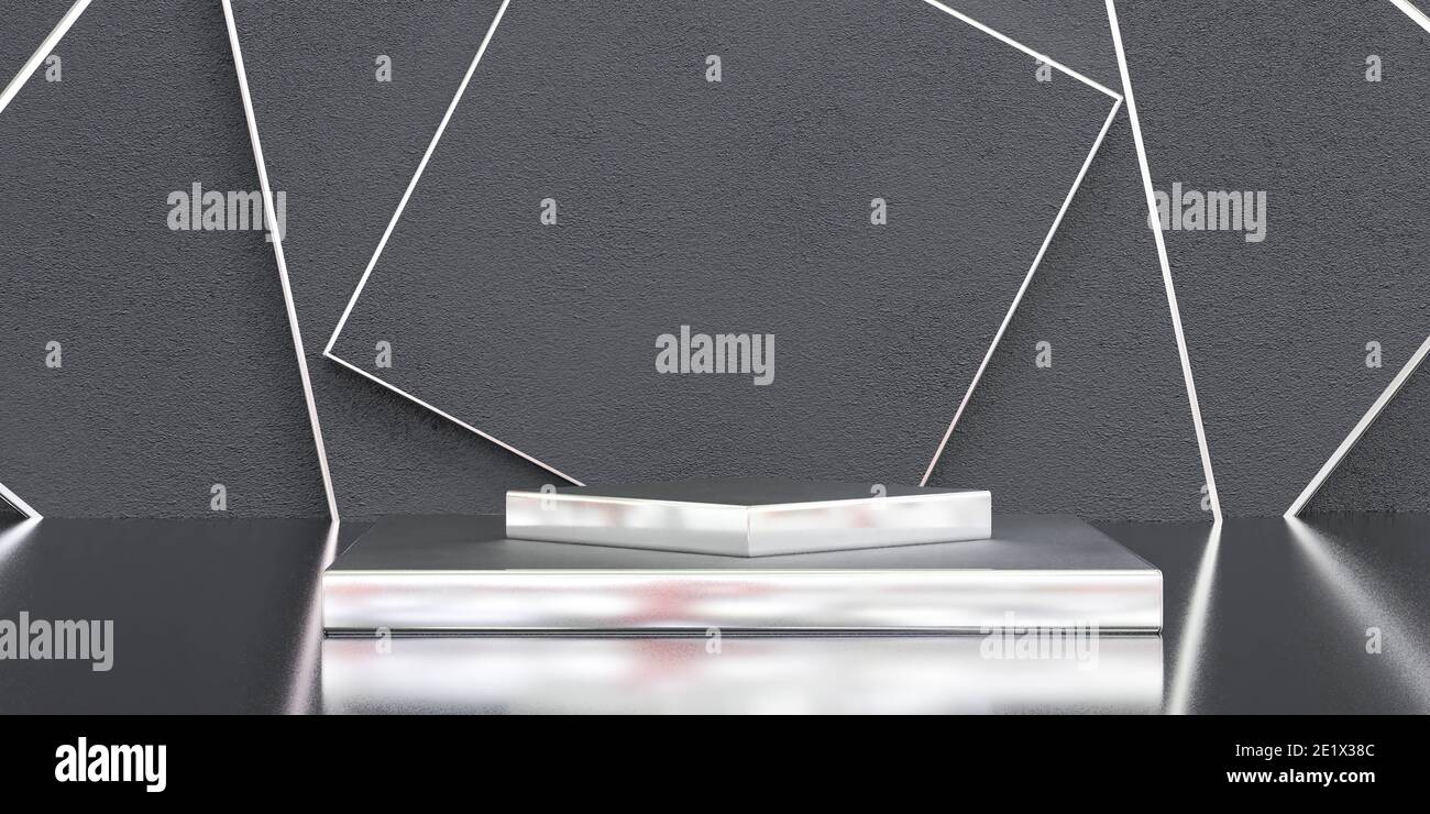 Abstrakte schwarze Produkt stand Podium mit silbernen Metall-Oberfläche Details Und Reflections 3d Rendering Illustration Stockfoto